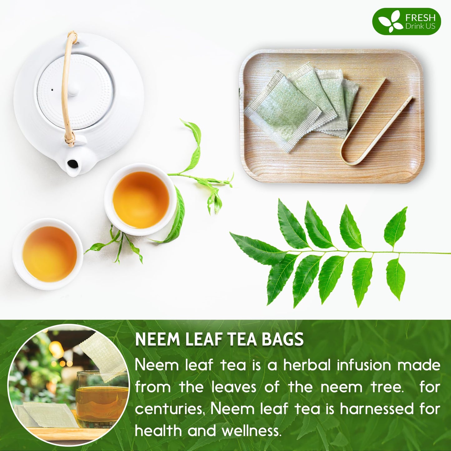 Freshdrinkus, Enhanced 33 Neem Leaf Tea Bags, 100% Natural And Pure From Neem Leaves. Herbal Tea. No Sugar, No Caffeine, No Gluten, Vegan.
