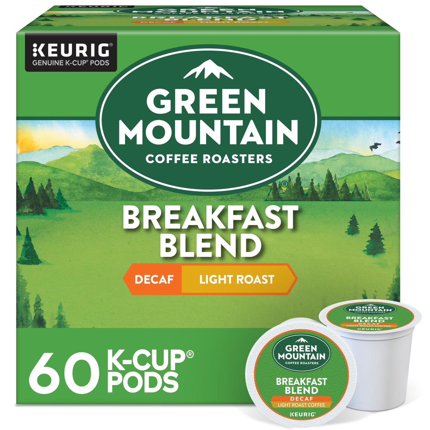 Green Mountain Coffee Roasters Breakfast Blend Decaf, Keurig Single Serve K-Cup Pods, Light Roast Coffee, 60 Count, (6 Packs of 