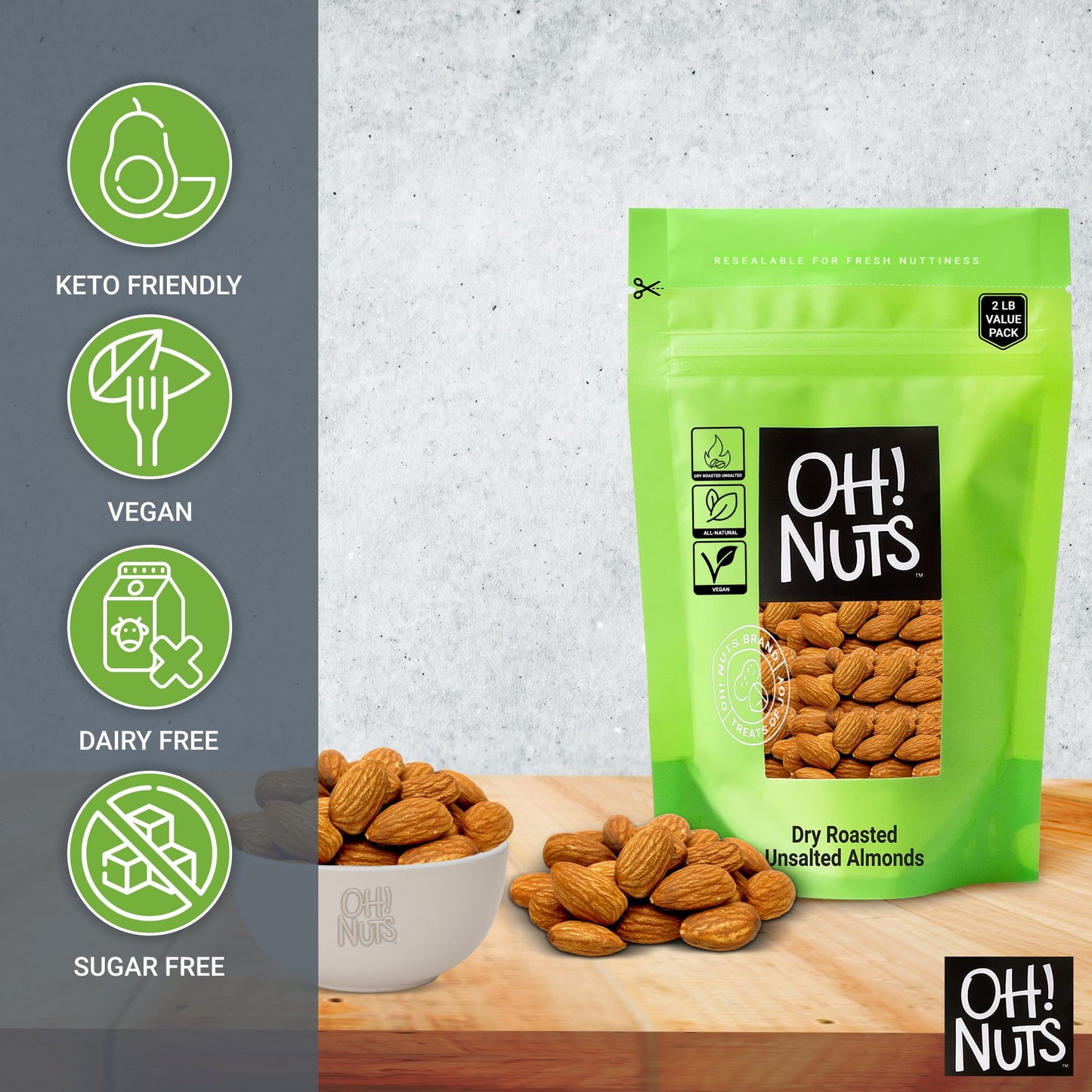 Almonds | Dry Roasted Unsalted Almonds | 2 Lb | No Salt, No Oil All-Natural Protein | Packed In New York Zip-Seal Bag For Exceptional Freshness By Oh Nuts