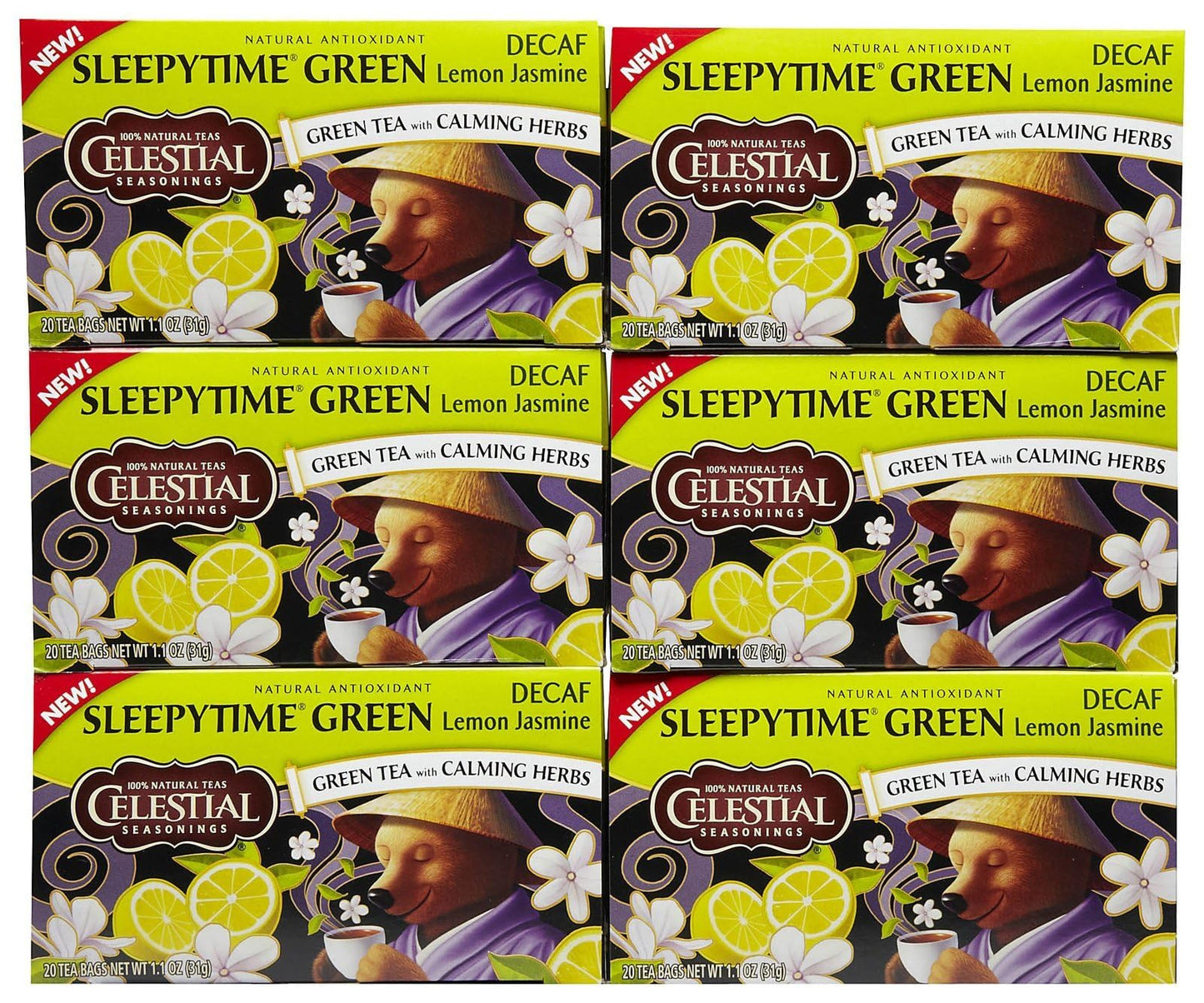 Celestial Seasonings Sleepytime Decaf Lemon Jasmine Green Tea Bags With Calming Herbs - 20 Ct - 6 Pack