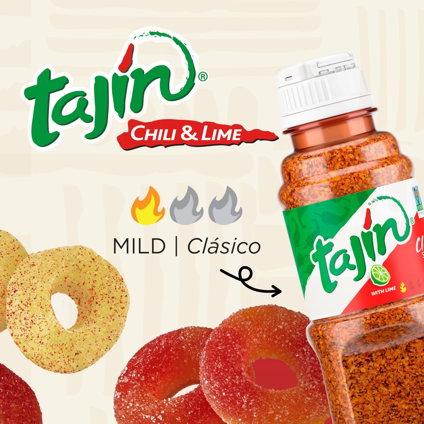 Snak Club Tajin Gummy Candy Fruit Rings, Gummies with Chili and Lime Seasoning, Mild Spice, Gluten-Free and Vegan Snacks, Assort