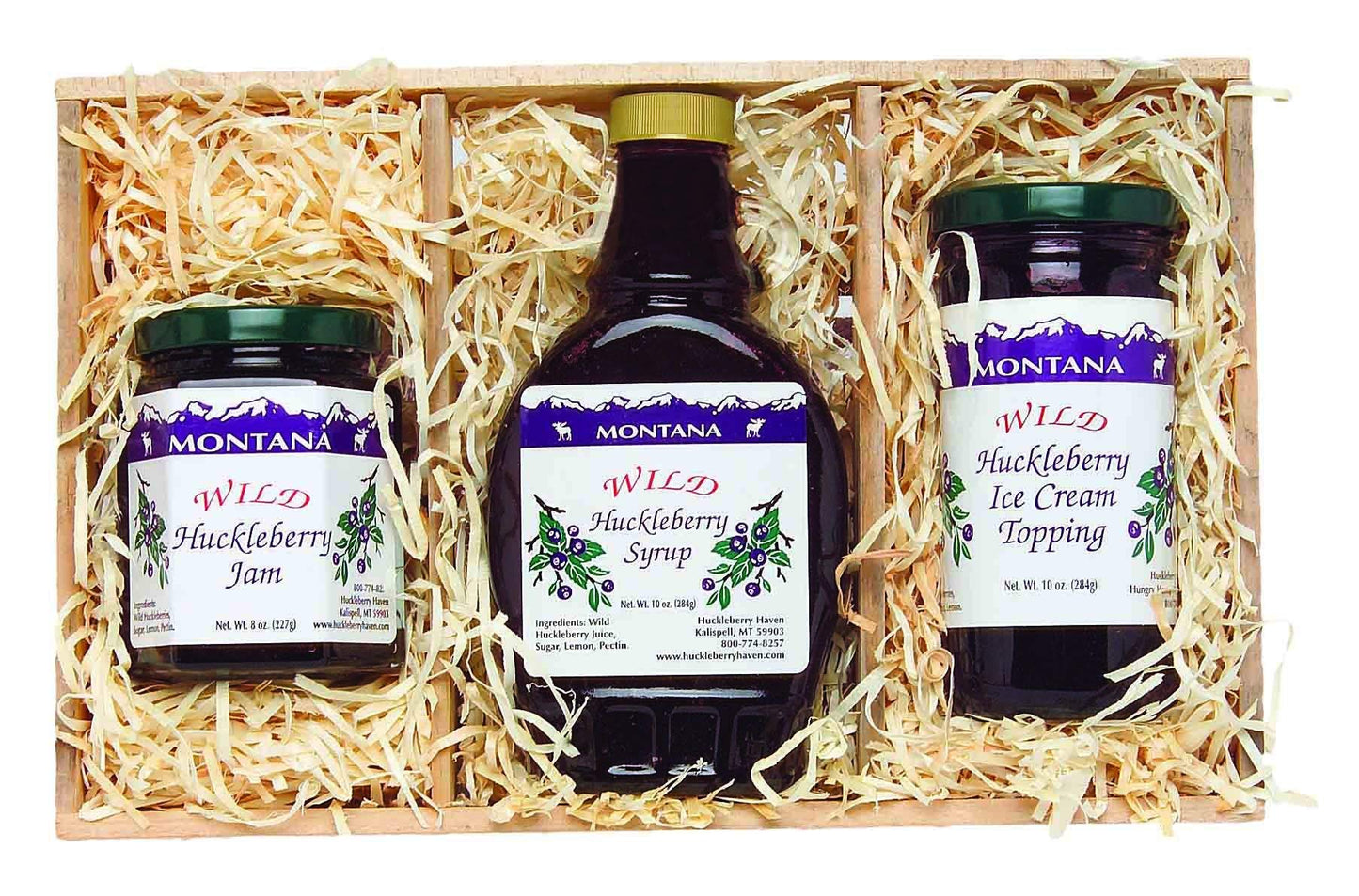 Montana Gift Crate: 10oz Huckleberry Syrup, 8oz Huckleberry Jam, 10oz Huckleberry Topping