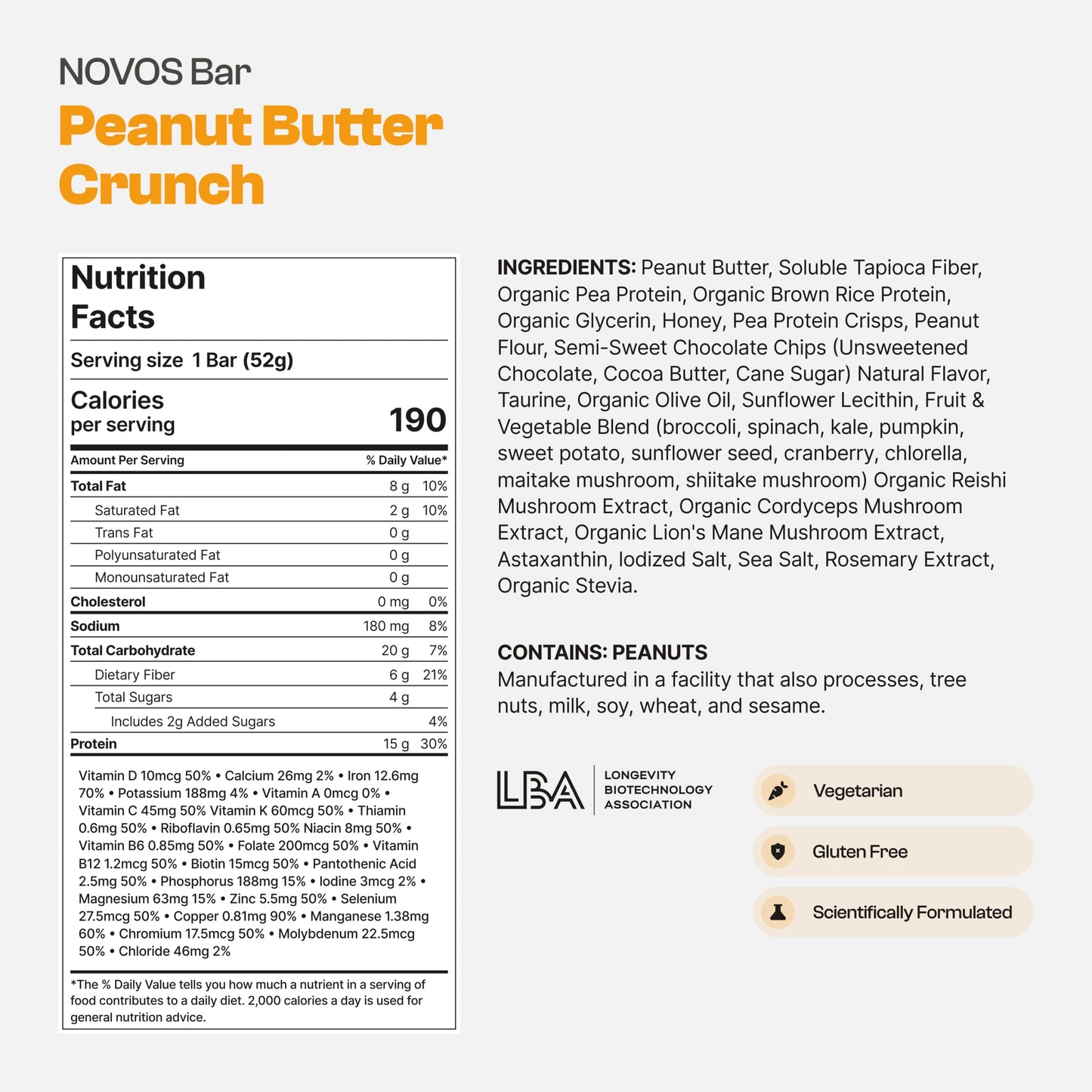 Novos Longevity Protein Bar - Peanut Butter - 15g Protein, 5 Longevity supplements, 20 Superfoods, Organic Olive Oil, Seed Oil F