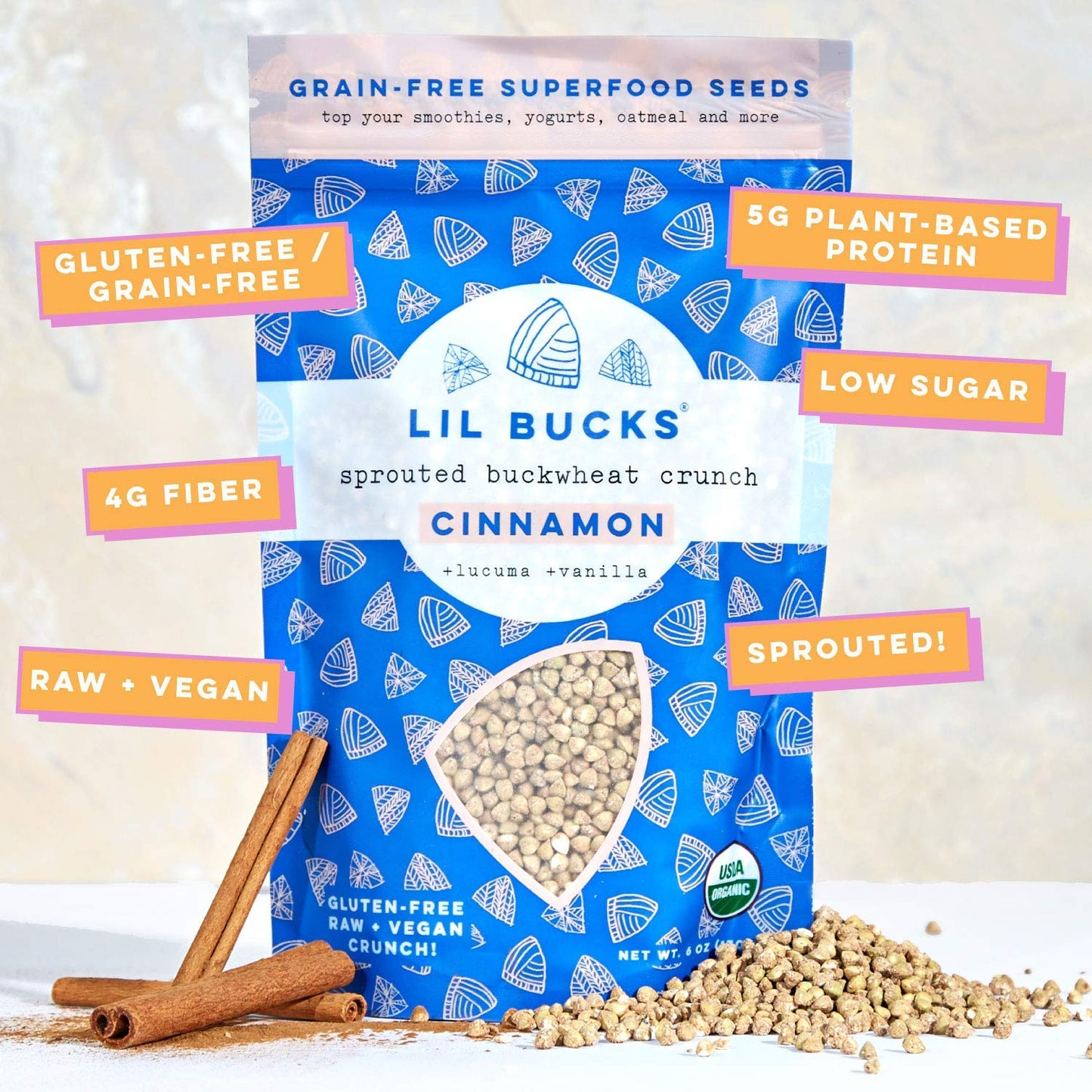 Lil Bucks Sprouted Buckwheat Groats Raw Organic, Grain-Free Granola (Cinnamon, 3 Pack)