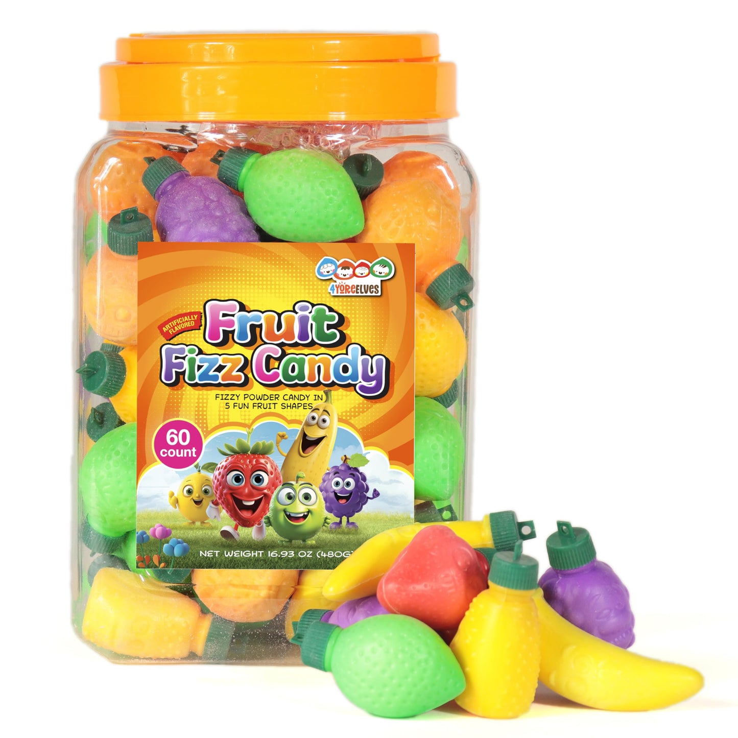 60 Fruit Shaped Fizzy Candy Powder, With Hanging Hole Caps For Decorative Stringing, Fun And Unique 90S Retro Candy, Gluten Free