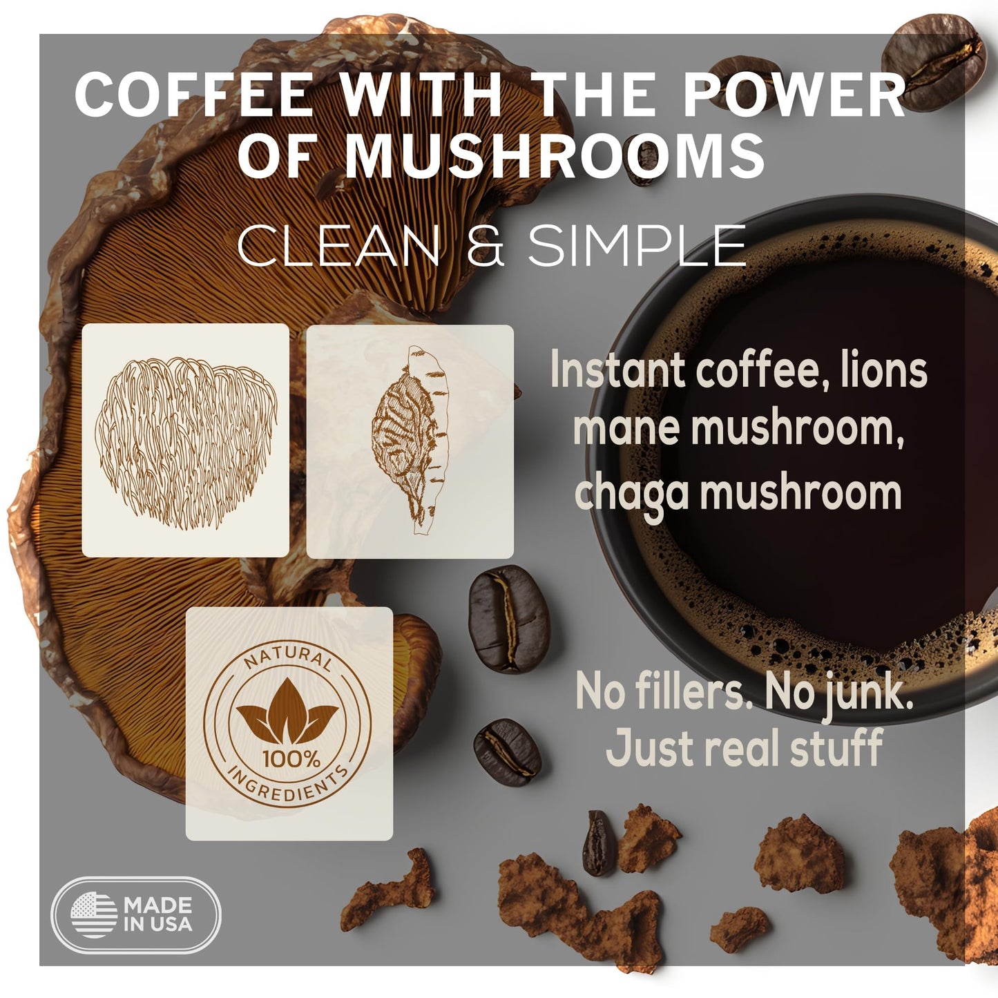 Spices Village Instant Mushroom Coffee with Lion’s Mane & Chaga, 5 oz, Ground Arabica, Kosher
