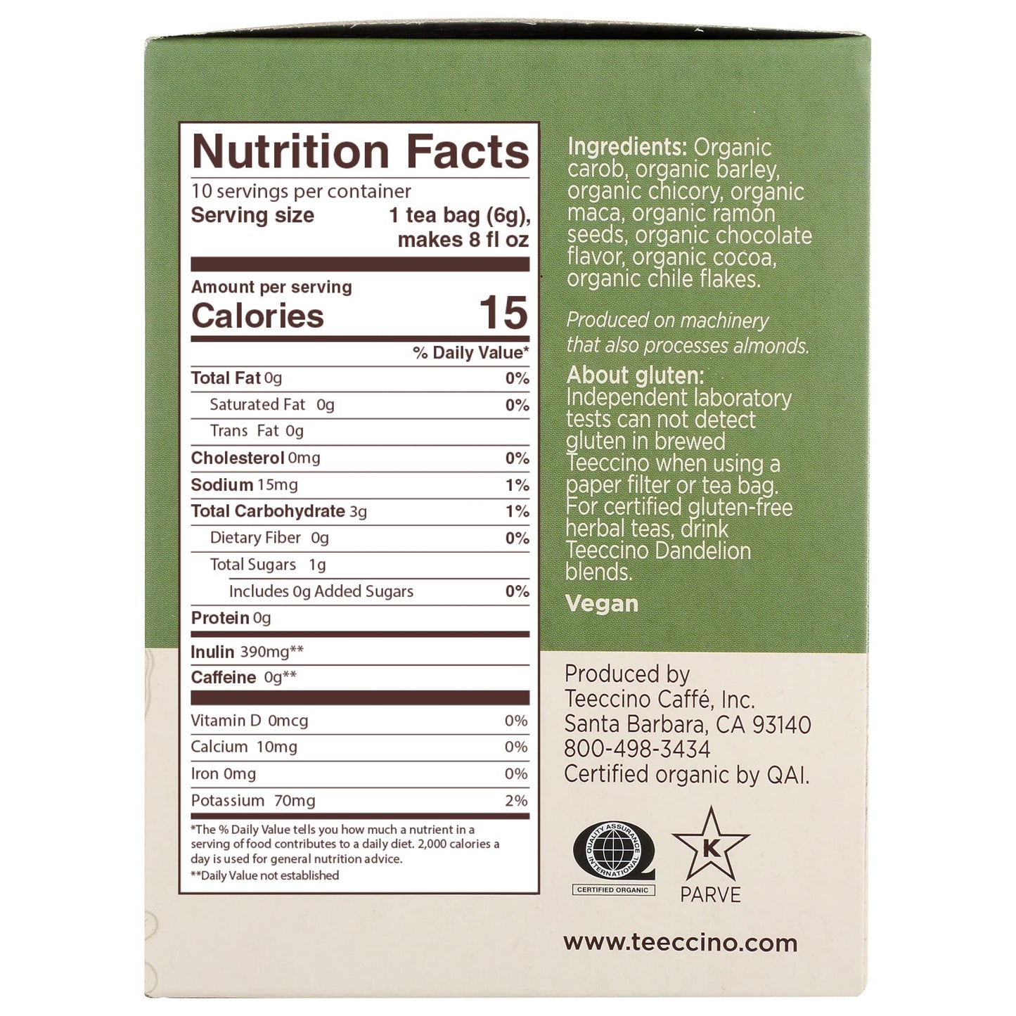 Teeccino Herbal Tea Variety Pack - Caffeine Free, Prebiotic - 10 Tea Bags (Pack of 4) - Vanilla Nut, Hazelnut, Maca Chocolaté, French Roast