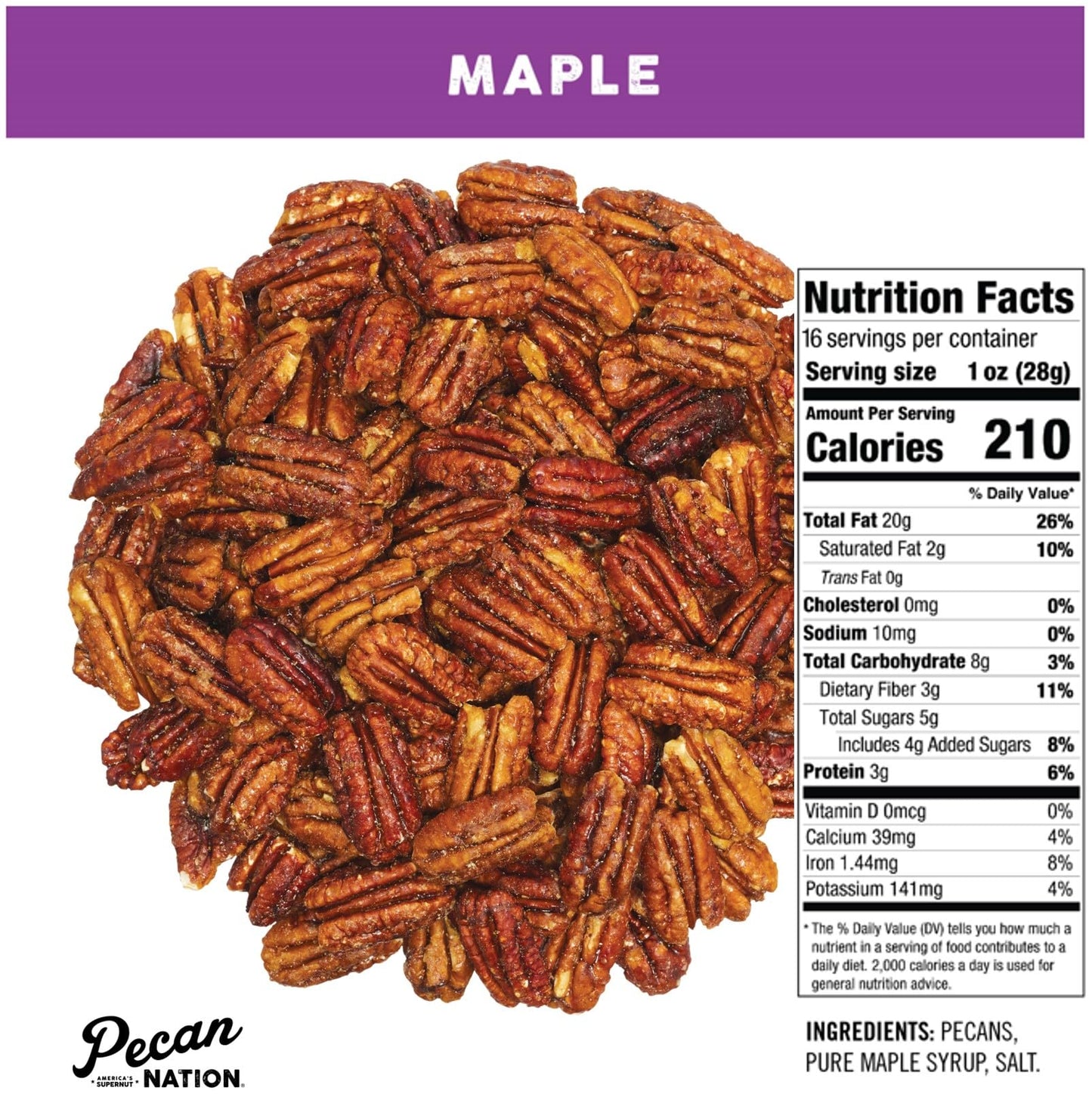 Pecan Nation Maple Flavored Roasted Sweet Pecan Pieces, 16 oz, Non-GMO, Healthy Snack, 2 Pack, Brown