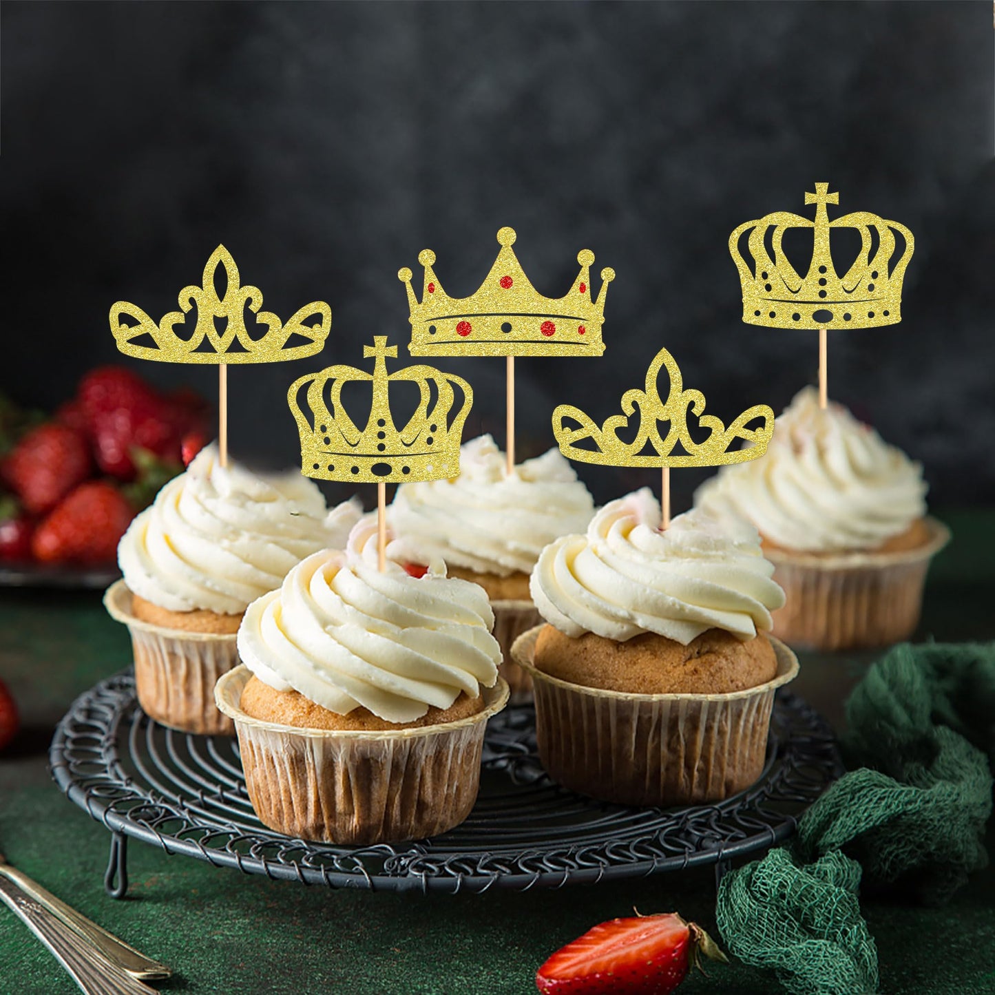 Cyodoos 24Pcs Gold Crown Cupcake Toppers Glitter Queen Crown Cupcake Baby Shower Wedding Birthday Party Cake Decorations Supplie