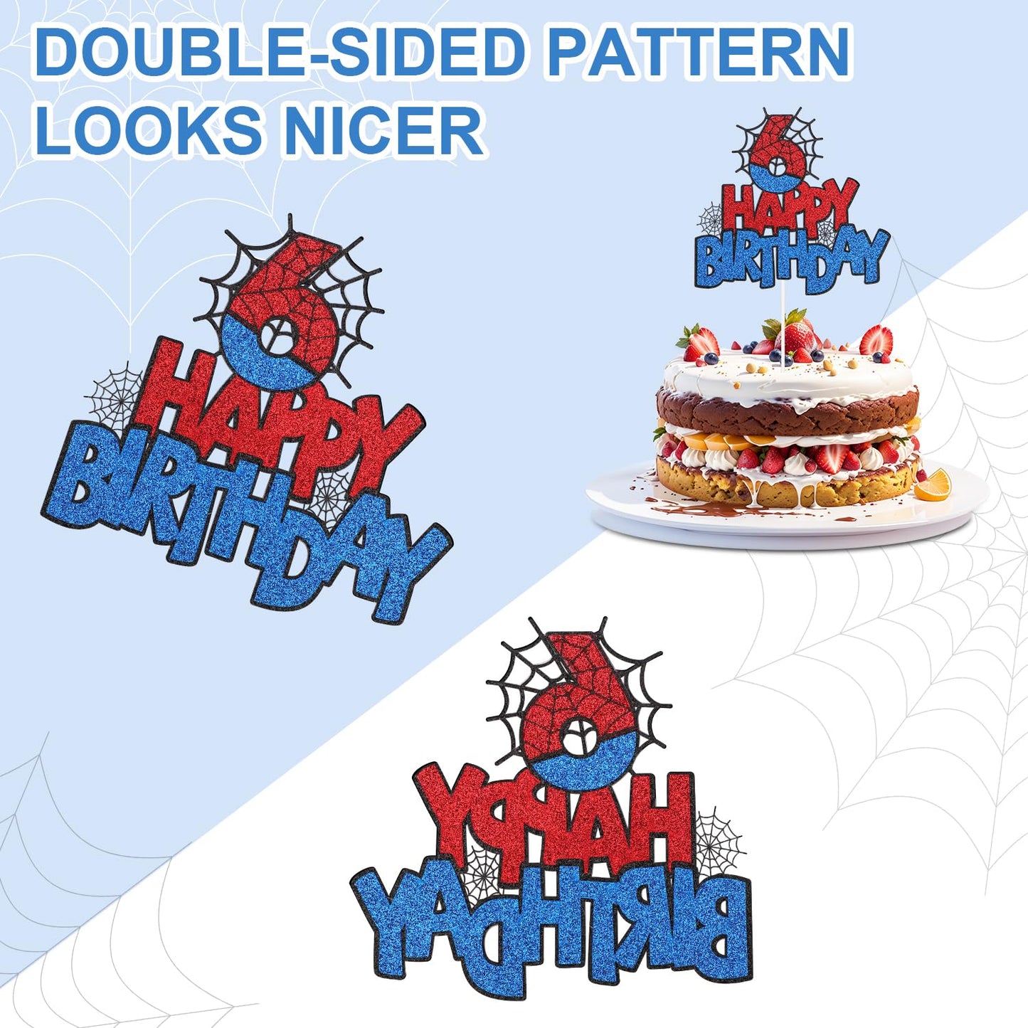 XIHIRCD Spider Birthday Cake Topper, Double-Sided, 5.91x5.71in, Paper, Black/Blue/Red, Model 049
