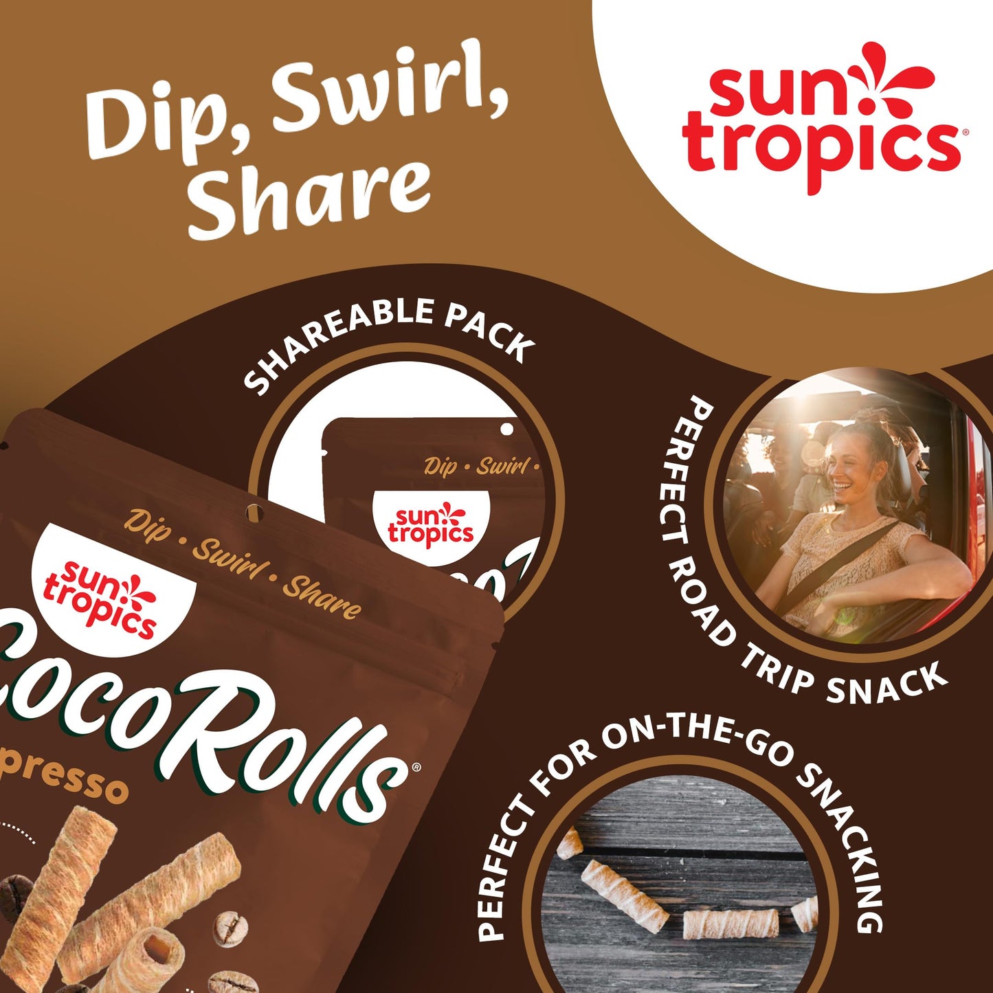Sun Tropics Cocorolls Espresso, Gluten Free, Dairy Free, Snack-Crisp Rolled Wafer Made With Pure Coconut Cream, 6 Count
