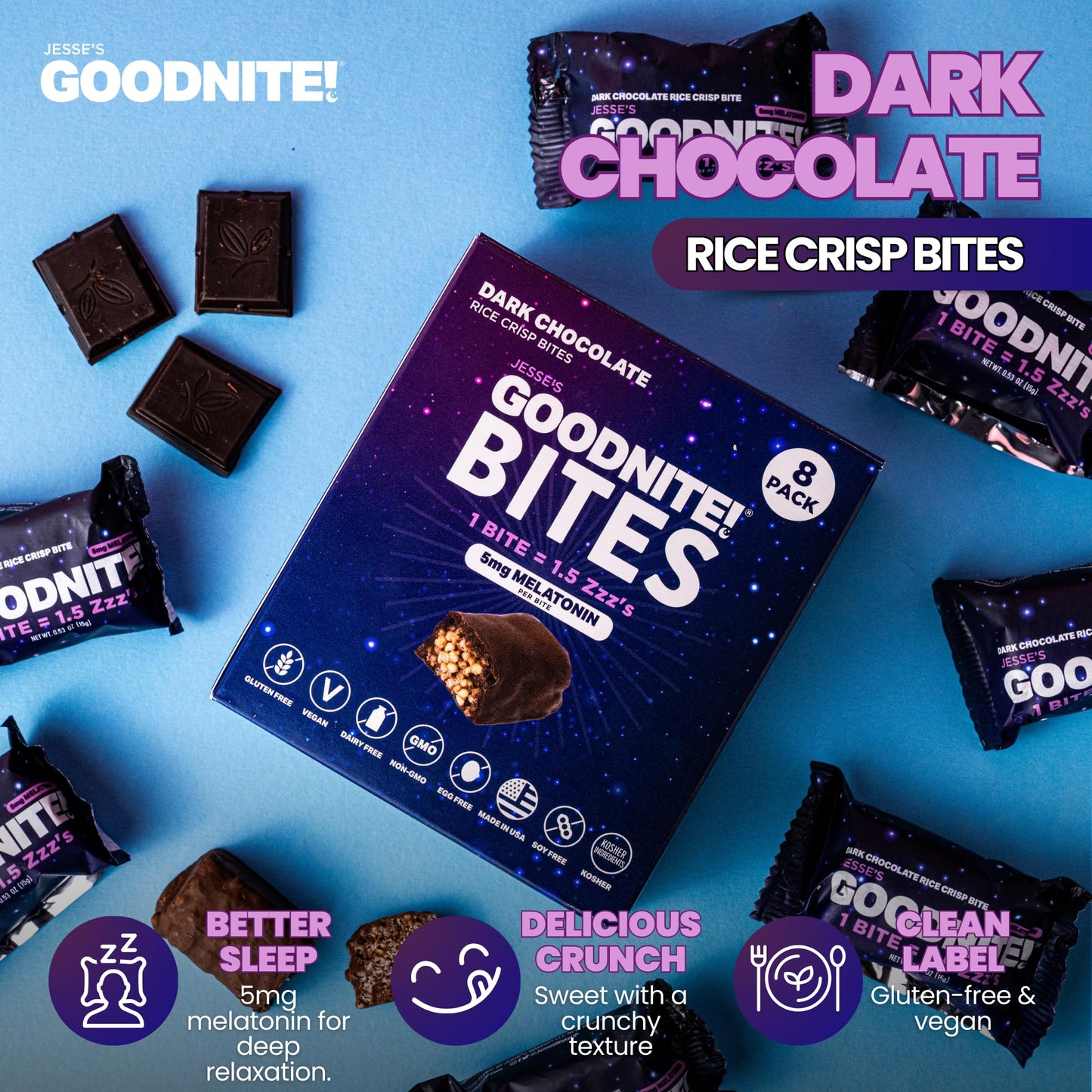 Jesses WakeUP! GOODNITE! Sleep Bites – Vegan Dark Chocolate Protein Snack with 5mg Melatonin – 8 Pack