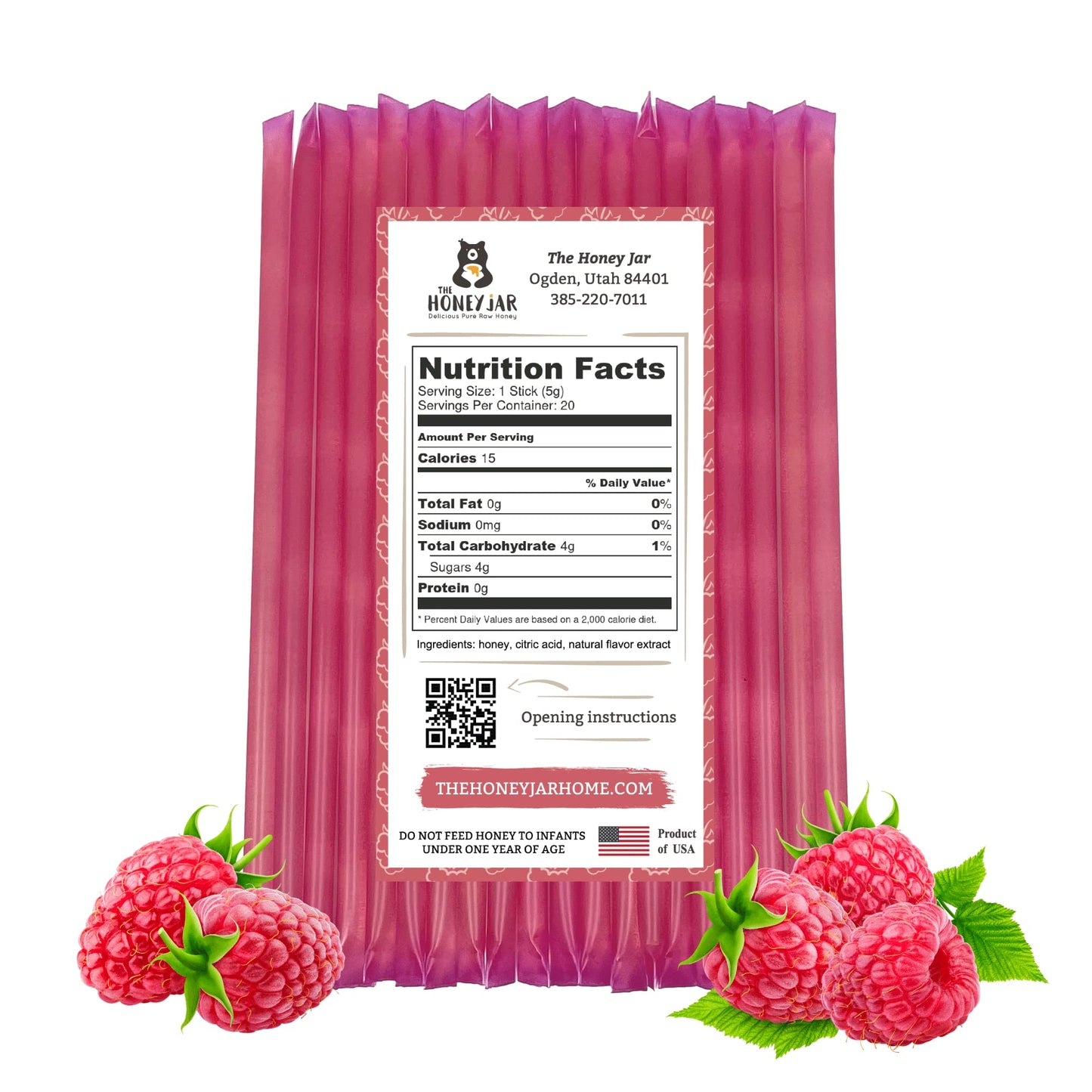 The Honey Jar Raspberry Honey Sticks - Pure Honey Straws - 20 Count