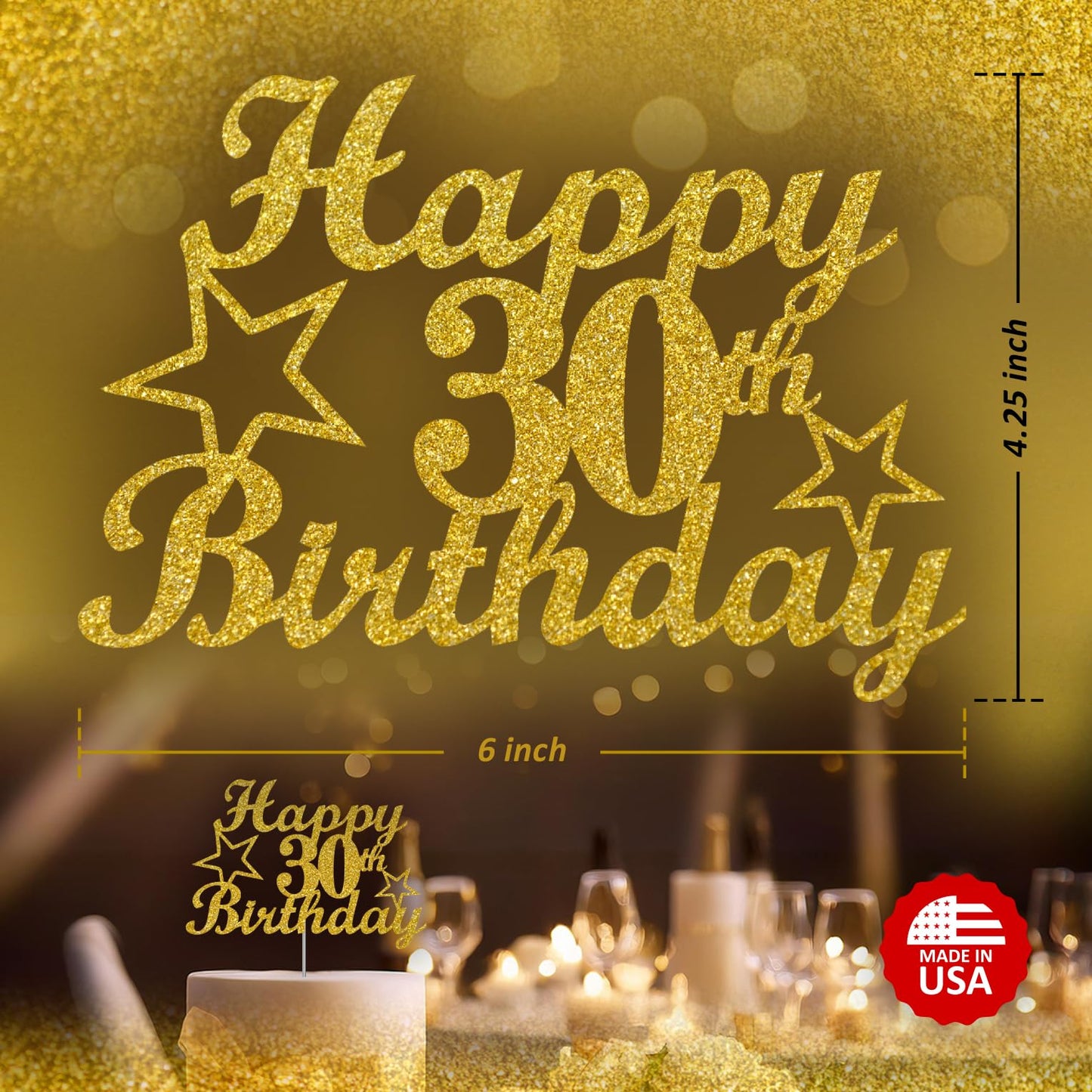 RokAPary 30th Birthday Cake Topper, Gold Glitter, Sturdy Double-Sided Acrylic Decoration