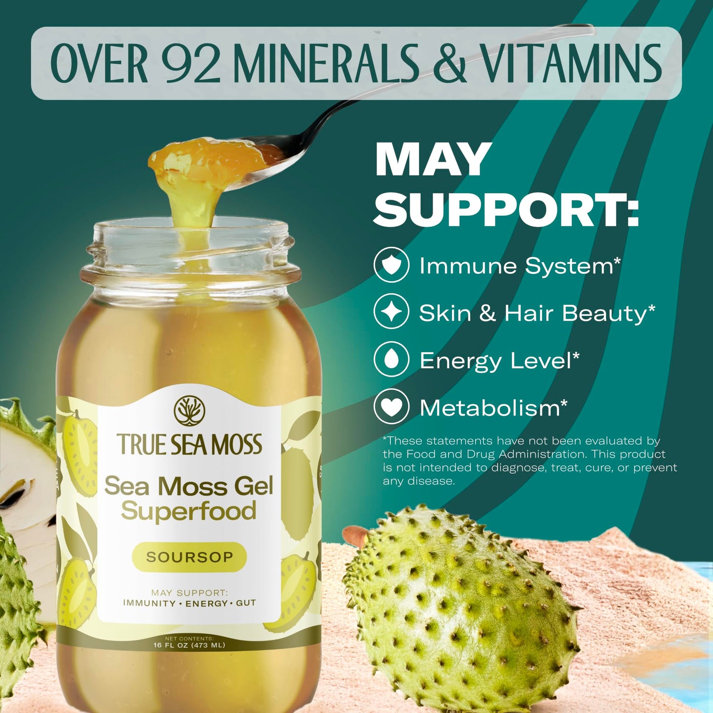 TrueSeaMoss Sea Moss Gel - Made in USA - Wildcrafted Seamoss  Fruits & Jarred Vegetables - Soursop  Pack of 2 (Labels may Vary)