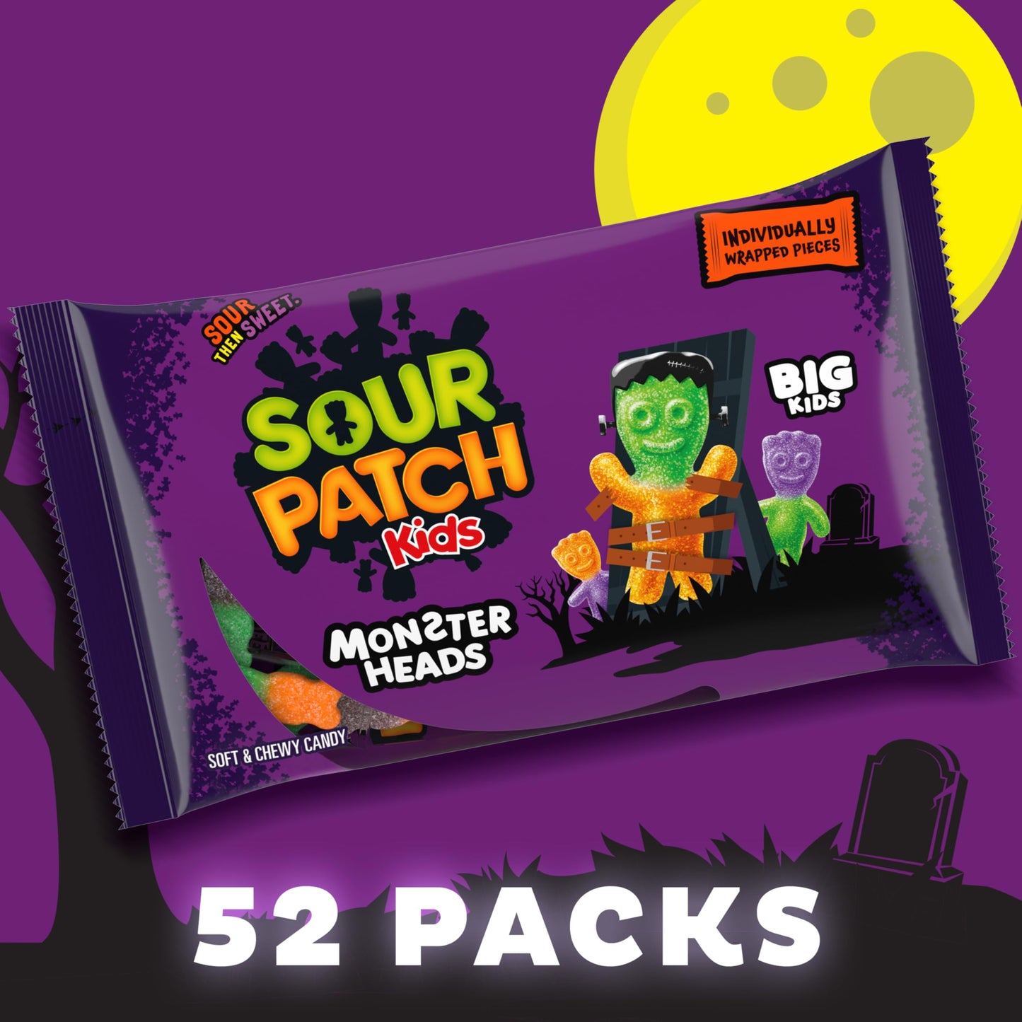 SOUR PATCH KIDS Big Kids Monster Heads Individually Wrapped Soft & Chewy Halloween Candy, 10 oz