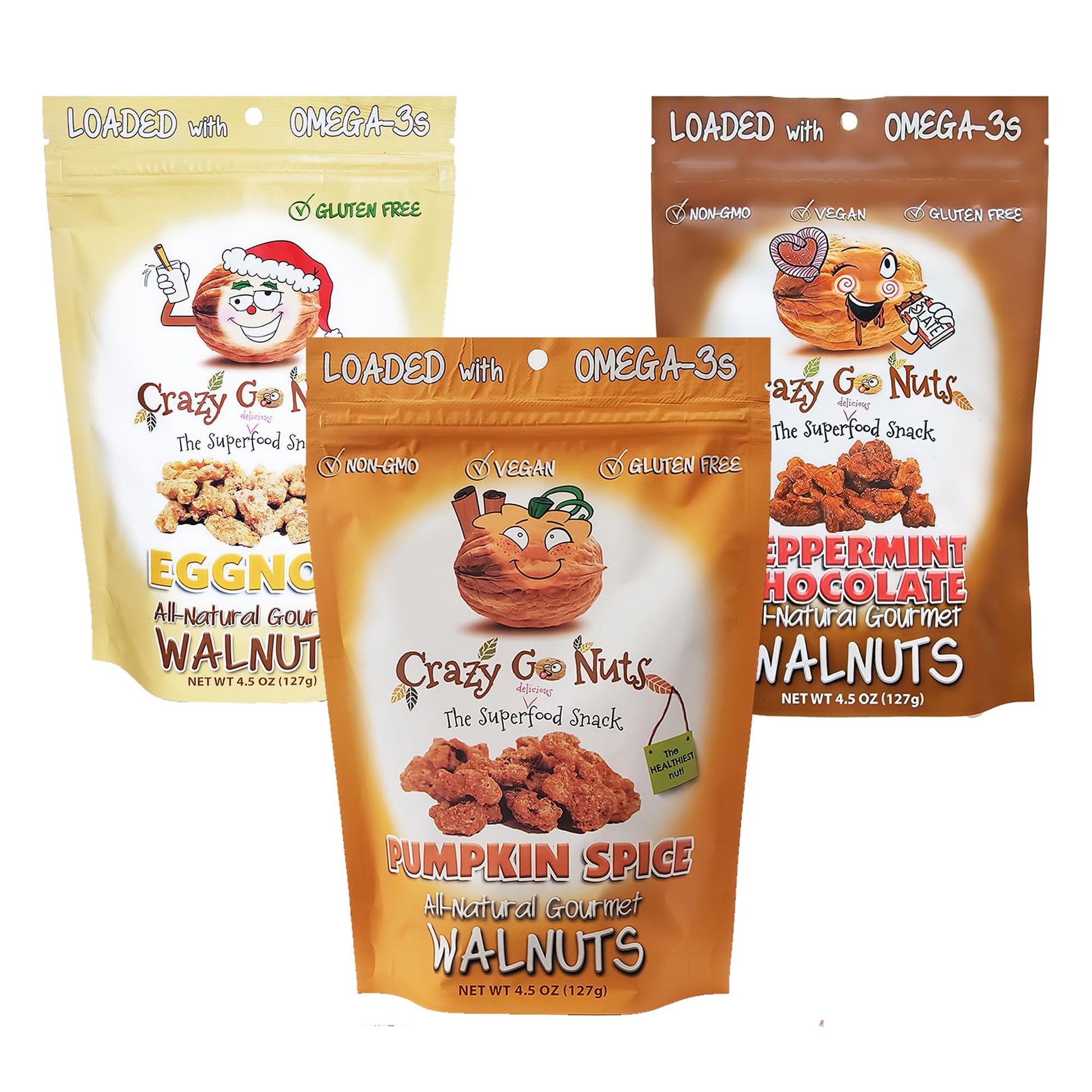 Crazy Go Nuts Holiday Sampler Walnuts - Flavored Walnuts  Glazed On The Go Snack  Roasted Nut Pieces  Vegan  Source Of Omega-3 - Pumpkin Spice  Peppermint Chocolate  Eggnog  4.5Oz (3-Pack)