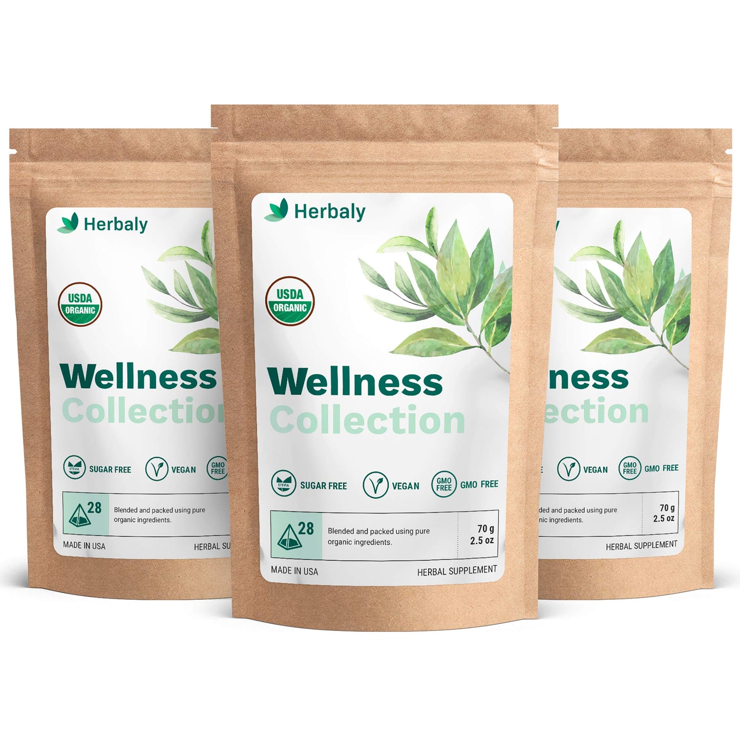 Herbaly Wellness Collection Tea - 8 Active Herbs, Organic, Non-GMO, Vegan - 84 Pyramid Tea Bags, Sugar Free - 3 Pack