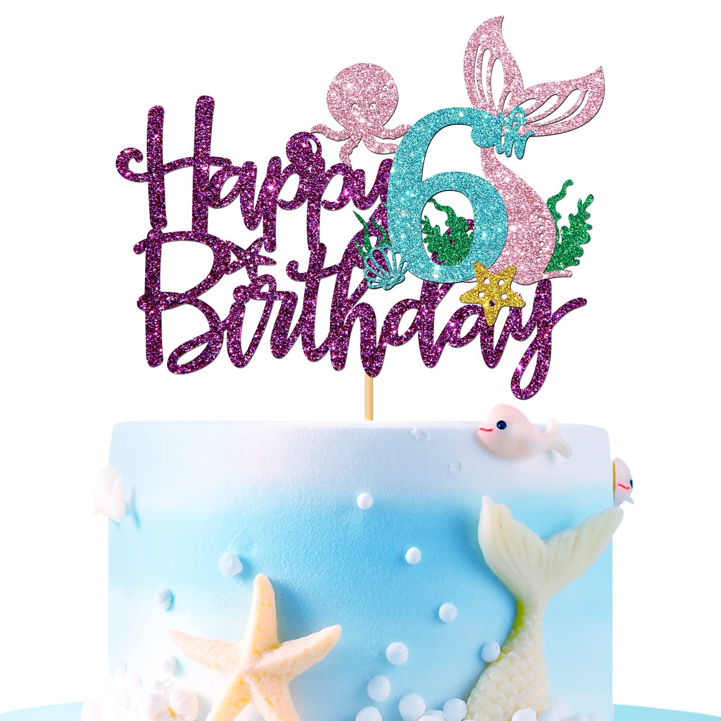Roadsea Mermaid Happy 6Th Brithday Cake Topper - Under The Sea Theme Girl Kid Six Birthday Cake Supplies/Ocean World 6Th Mermaid