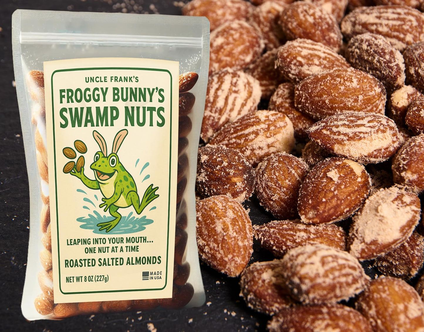 Gears Out Uncle Frank’s Froggy Bunny’s Swamp Nuts, 8oz Roasted Almonds, Funny Easter Gag Gift for mature-themeds, Made in USA