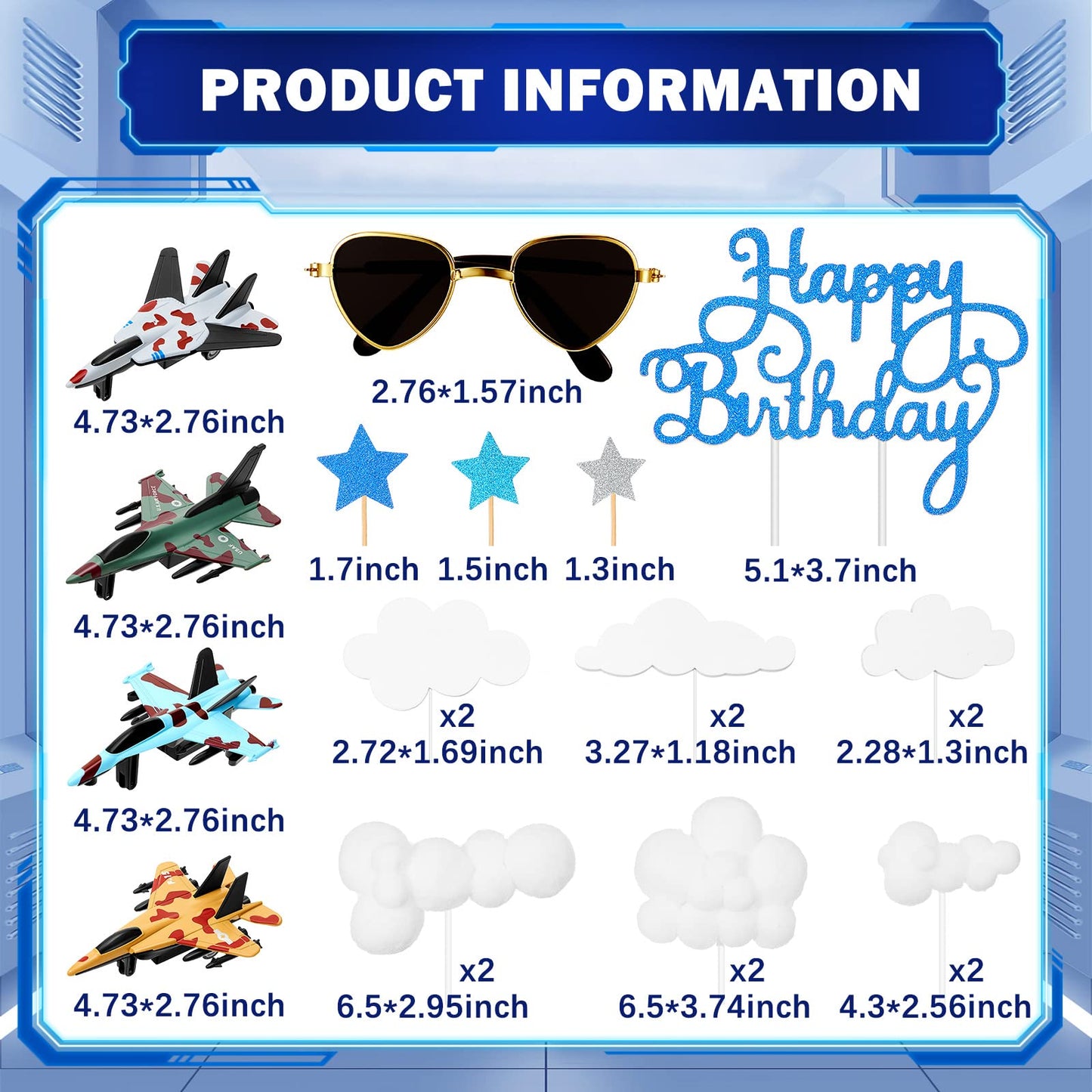Aircraft Happy Birthday Cake Decoration Air Force Cake Topper Airplane Figurine Happy Birthday Cake Topper Mini Sunglasses Cloud