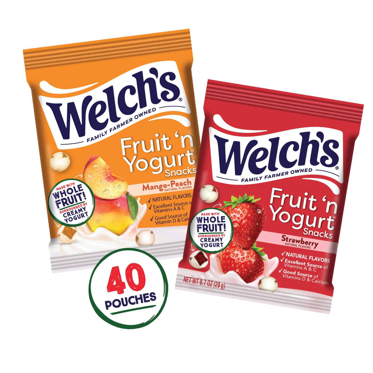 Welchs Fruit Snacks  Fruit n Yogurt Variety Pack  Strawberry  Mango Peach  Gluten Free  Bulk Pack  Single Serve  0.7 oz Bags (Pack of 40)