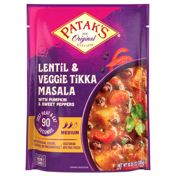Patak'S Lentil & Veggie Tikka Masala, Flavorful, Medium Heat Curry Made With Lentils, Beans, Pumpkin, Red Pepper, And A Balanced Melody Of Other Veggies, Ready To Heat Vegetarian Meals (Pack Of 6)