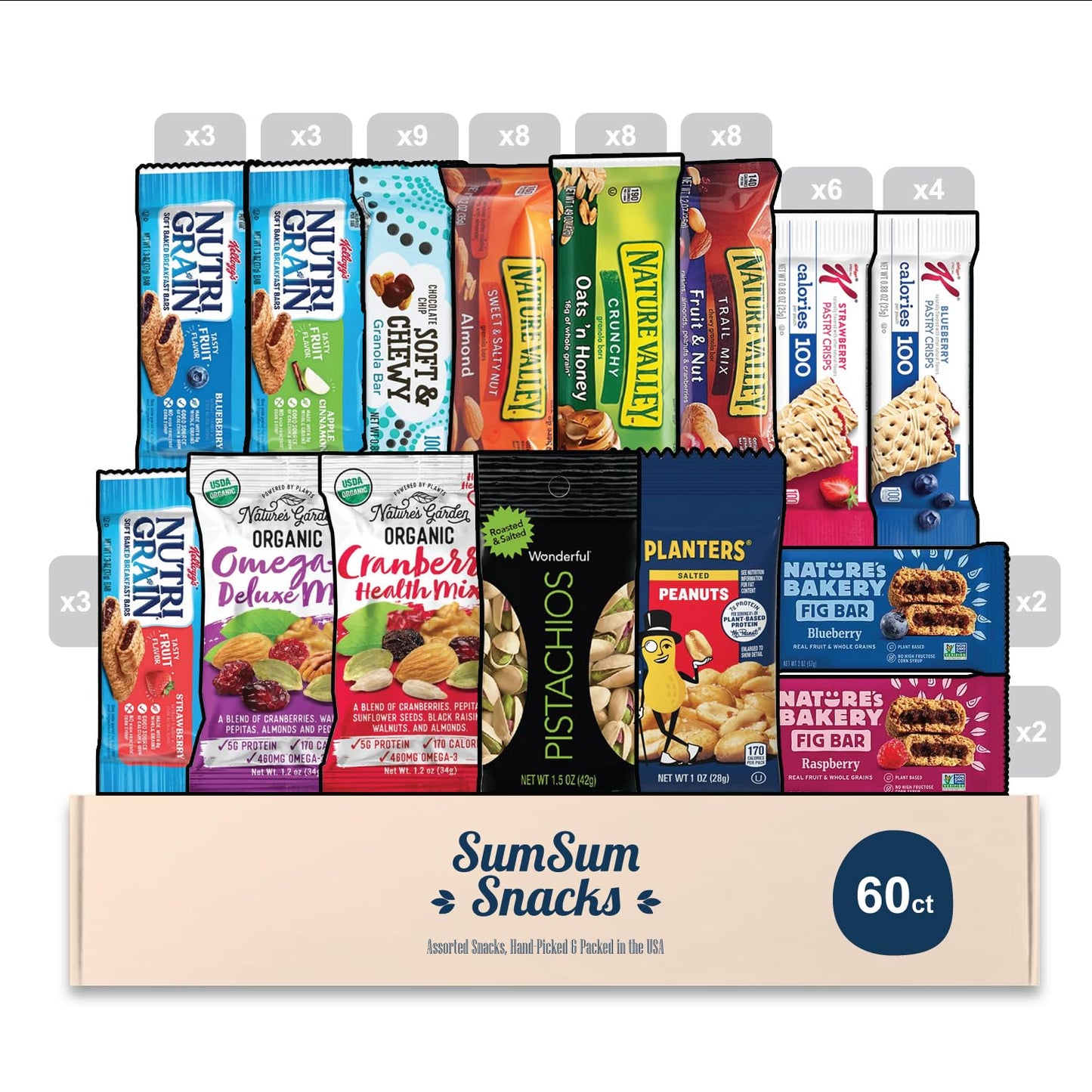 Sumsum Snack Box - Healthy Mixed Care Package (60 Count) Gift Basket For Mature-Themed Teen Kid College Students - Crave Box For The Office, School, Work - Assorted Nutritious Nuts And Bars