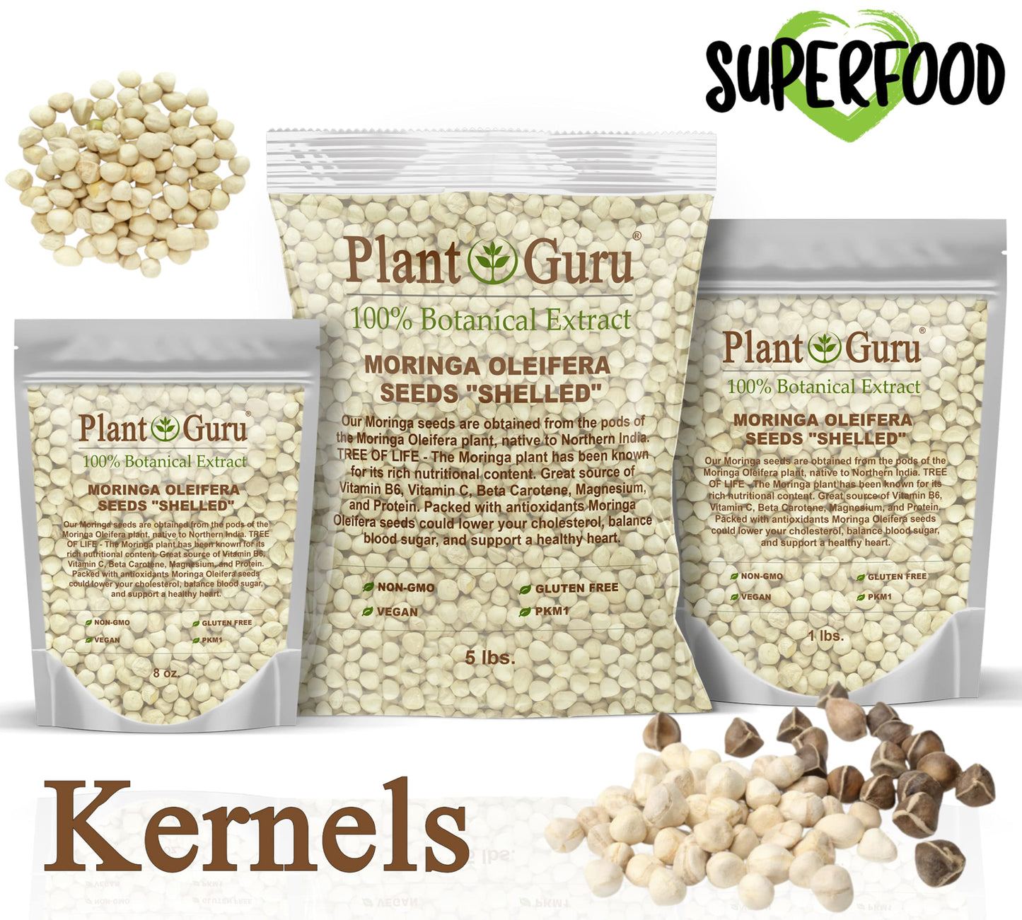 Plant Guru Moringa Seeds Kernel - Clean PKM1 Variety - 2 lbs. Wide Mouth Jar - Non-GMO - Brown