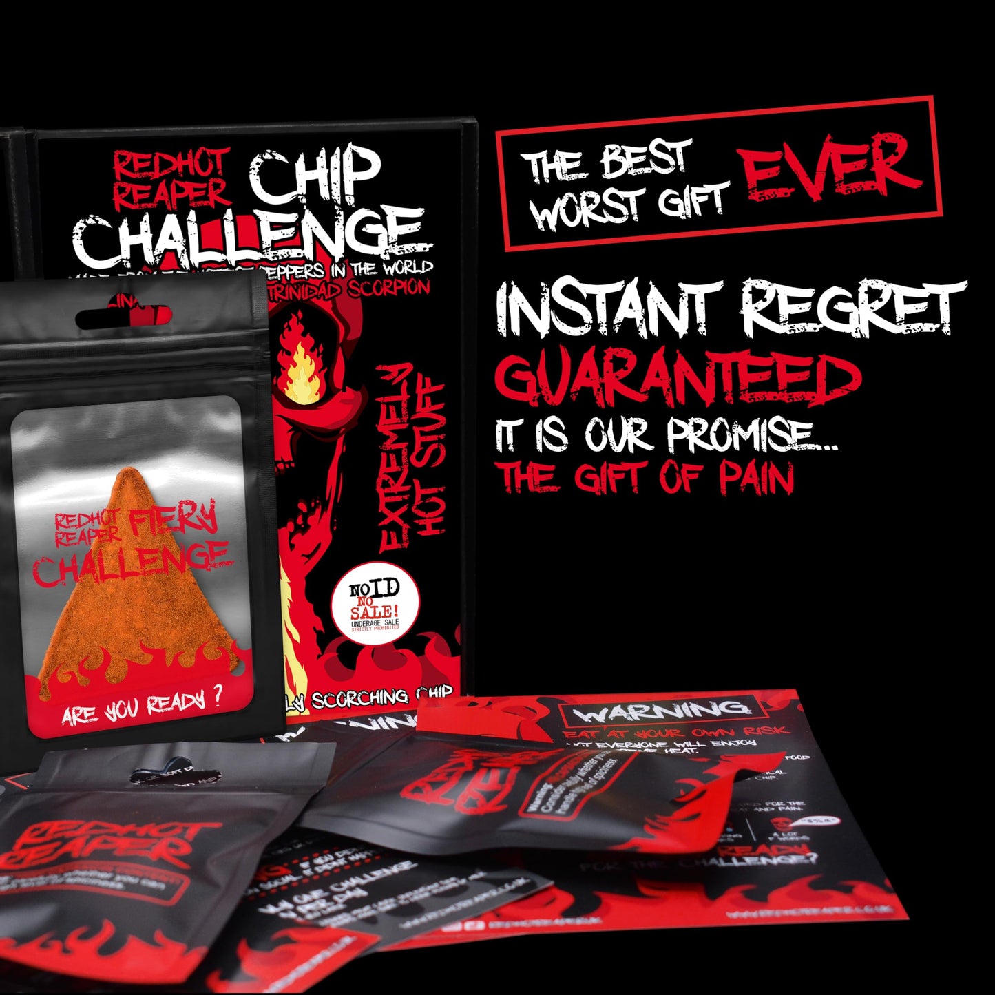 Red Hot Reaper Hot Chip Challenge - Super Spicy Carolina Reaper & Trinidad Scorpion - 1.41 oz Pack, Black