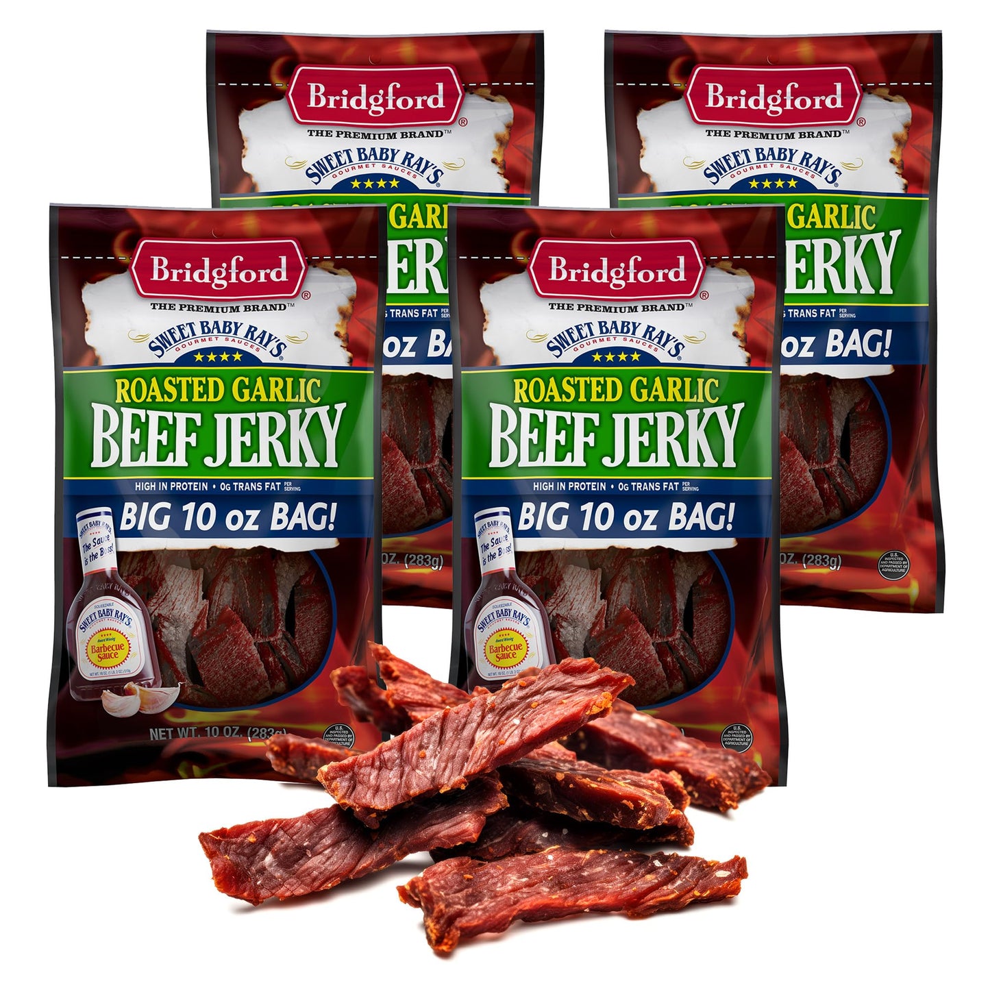 Bridgford Beef Jerky Roasted Garlic - 10 oz Pack of 4 - High Protein, Ready-to-Eat Snack