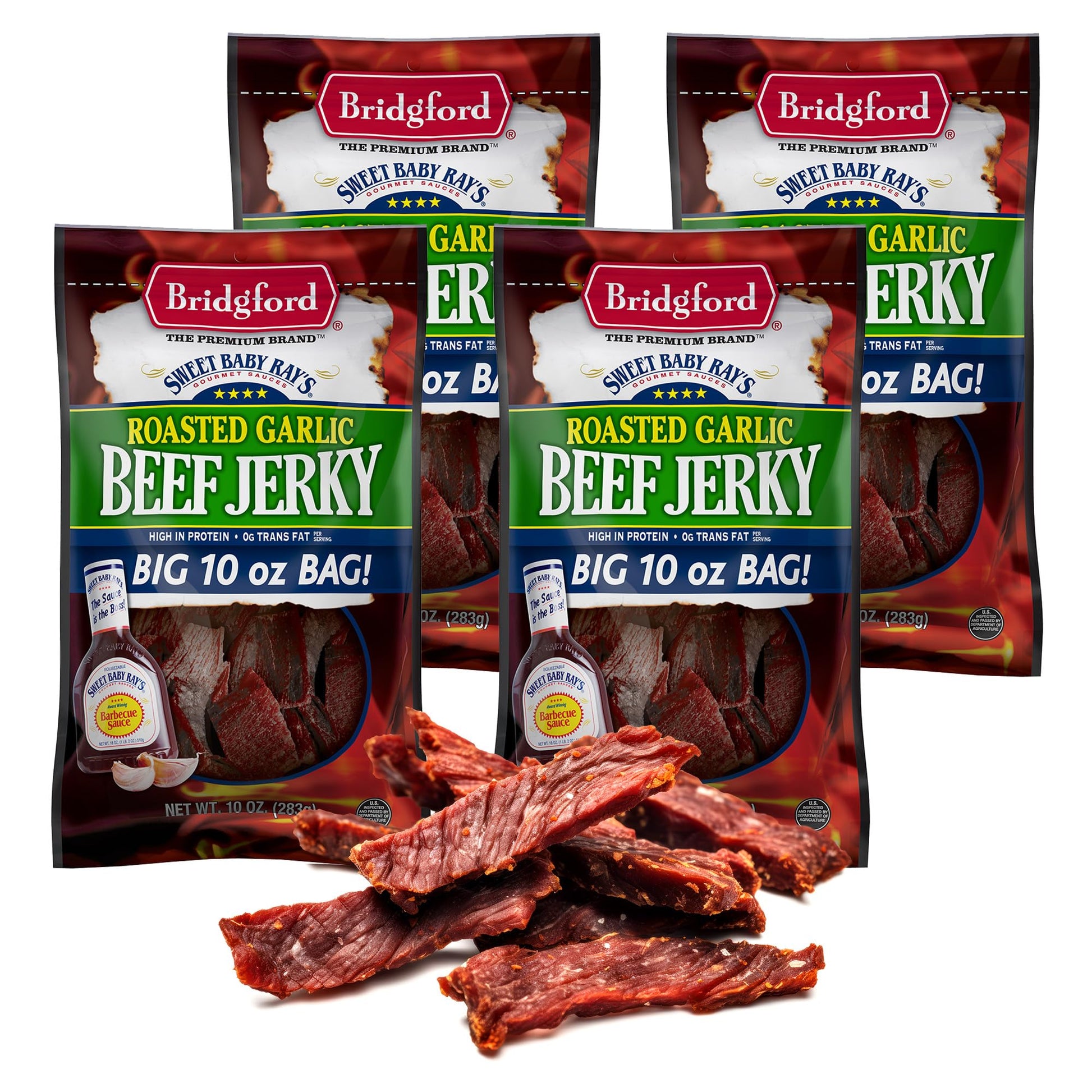 Bridgford Beef Jerky Roasted Garlic - 10 oz Pack of 4 - High Protein, Ready-to-Eat Snack