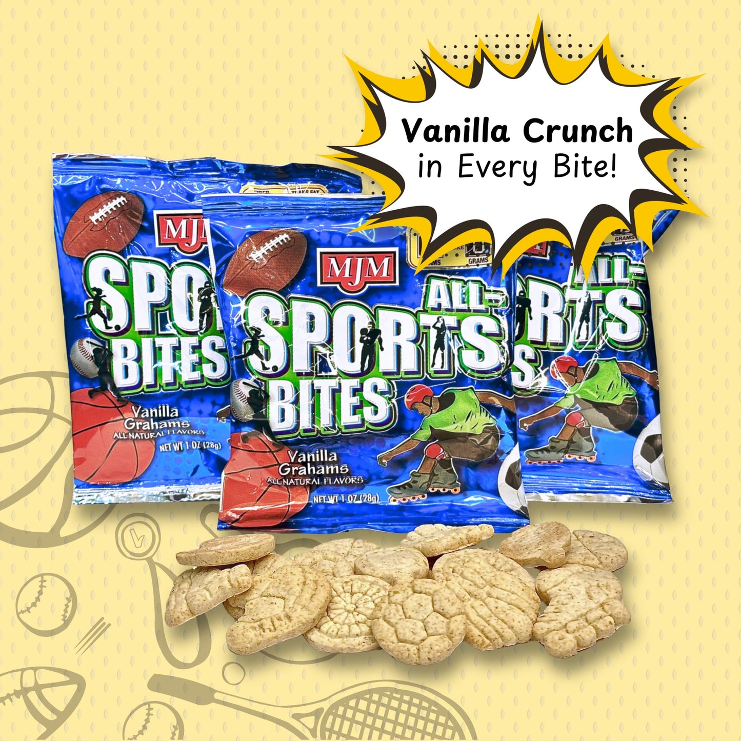 MJM All-Sports Bites Vanillas Grahams - Case of 25 Packs | Snack for Active Lifestyles | Wholesome Vanilla Flavor | Convenient a