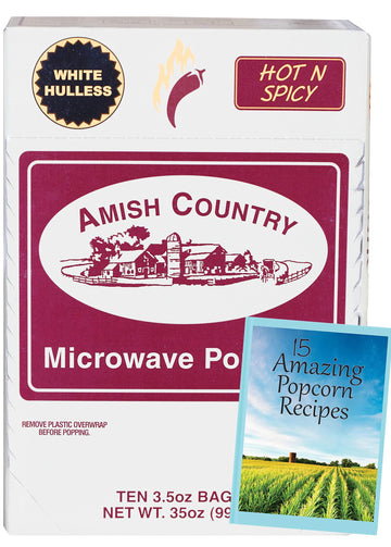 Amish Country Popcorn | Old Fashioned Microwave Popcorn | 10 Bags Hot N Spicy White Hulless | Non-GMO, Gluten Free, Microwaveabl