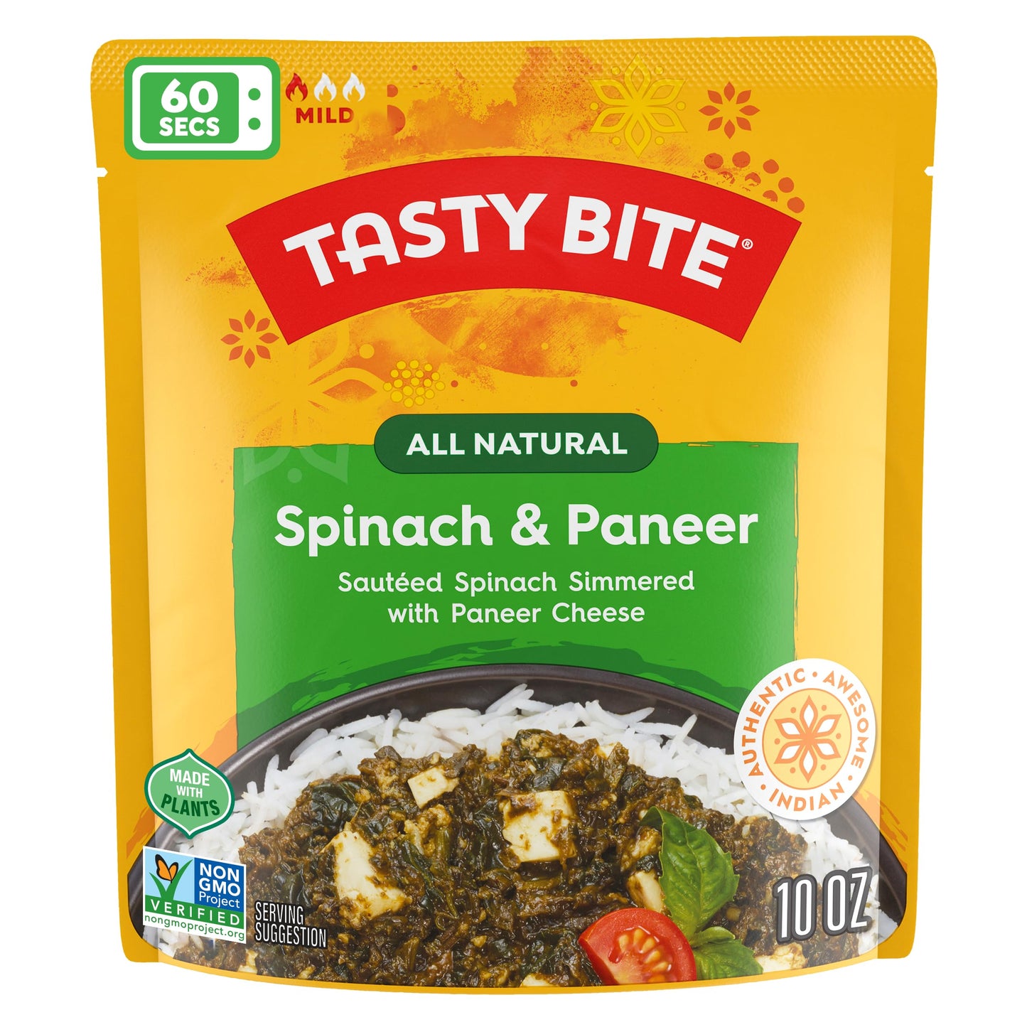 Tasty Bite Kashmir Spinach, Ready to Eat, 10 Ounce, Pack of 6, Microwavable Entr  e in Light Curry Sauce, Vegetarian (Packaging