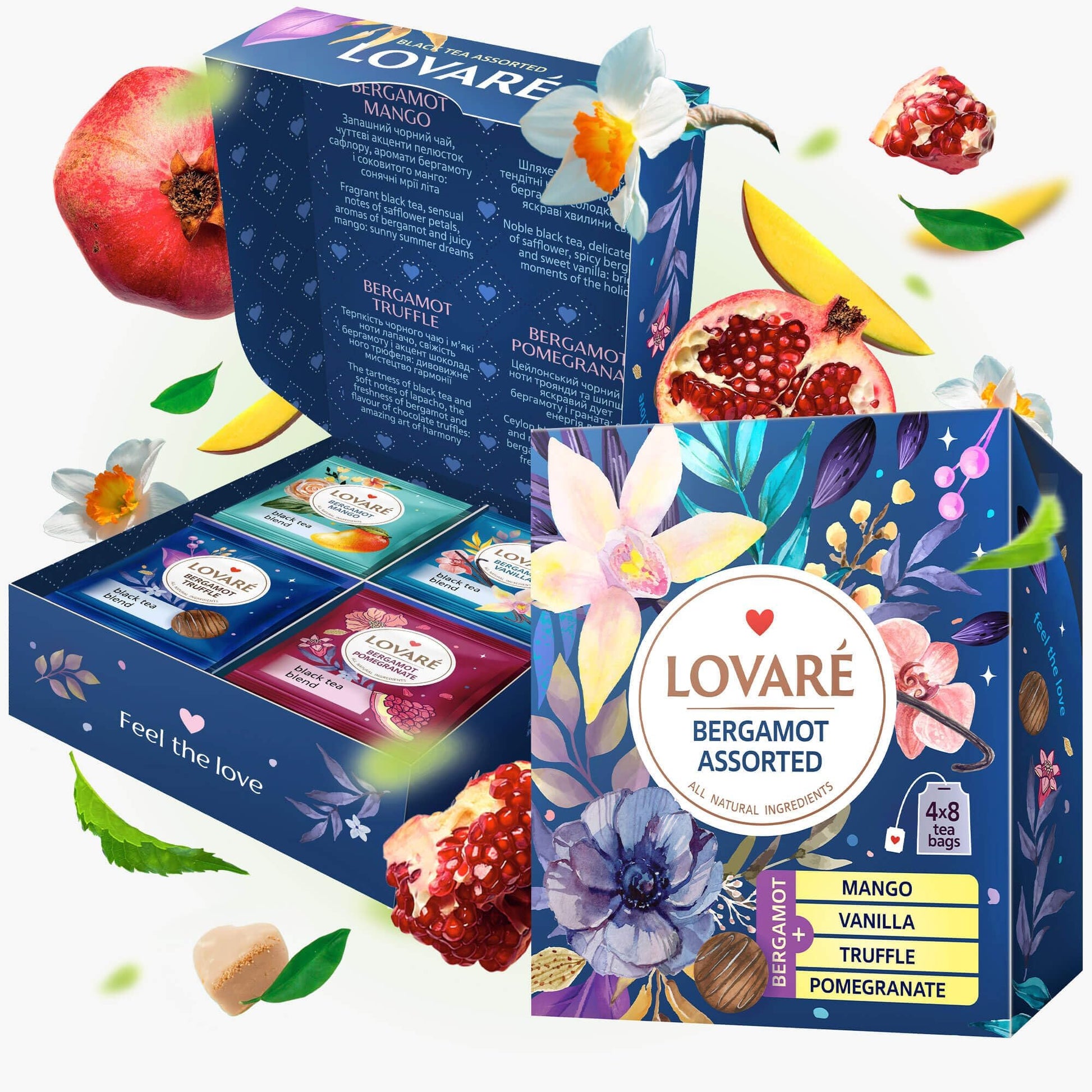 Lovare Bergamot Assorted Tea Variety Pack 32 Pack, 4 Tastes - Made In Ukraine - Black Tea Bags Individually Wrapped - Assorted T