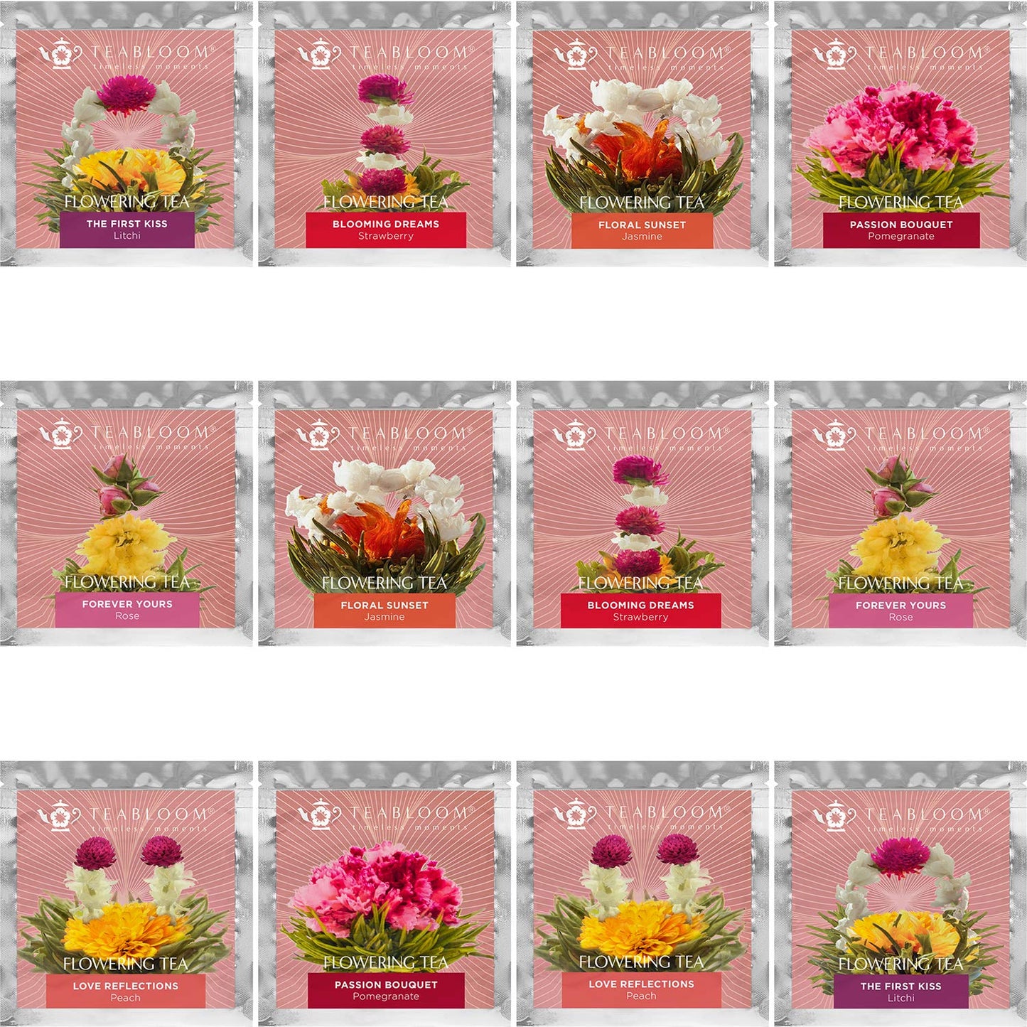Teabloom Heart-Shaped Flowering Teas - 12 Assorted Blooming Tea Flowers - Green Tea + Jasmine, Pomegranate, Strawberry, Rose, Li