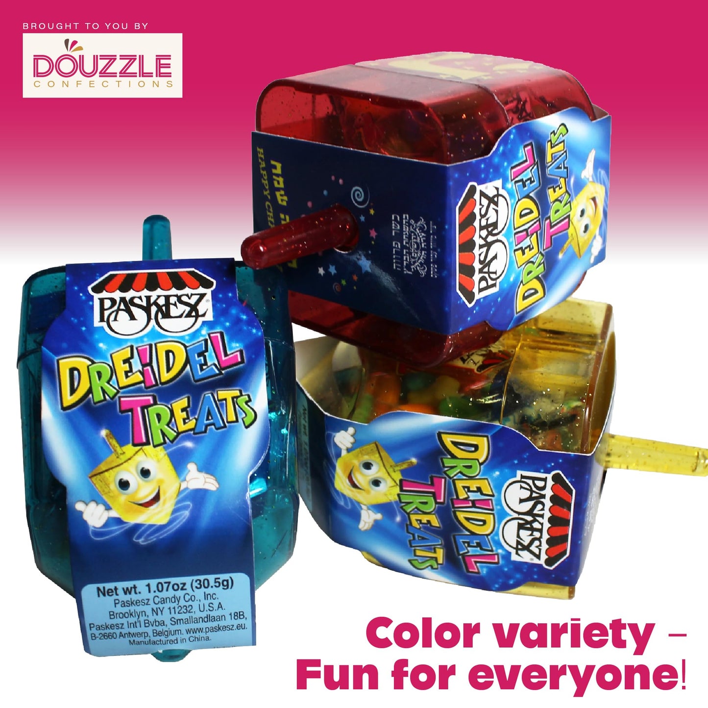 DOUzzle Hanukkah Candy Dreidels for Kids in Bulk, Driedel Filled with Treats (Pack of 24) Hanukah Party Favors, Happy Chanuka Sw