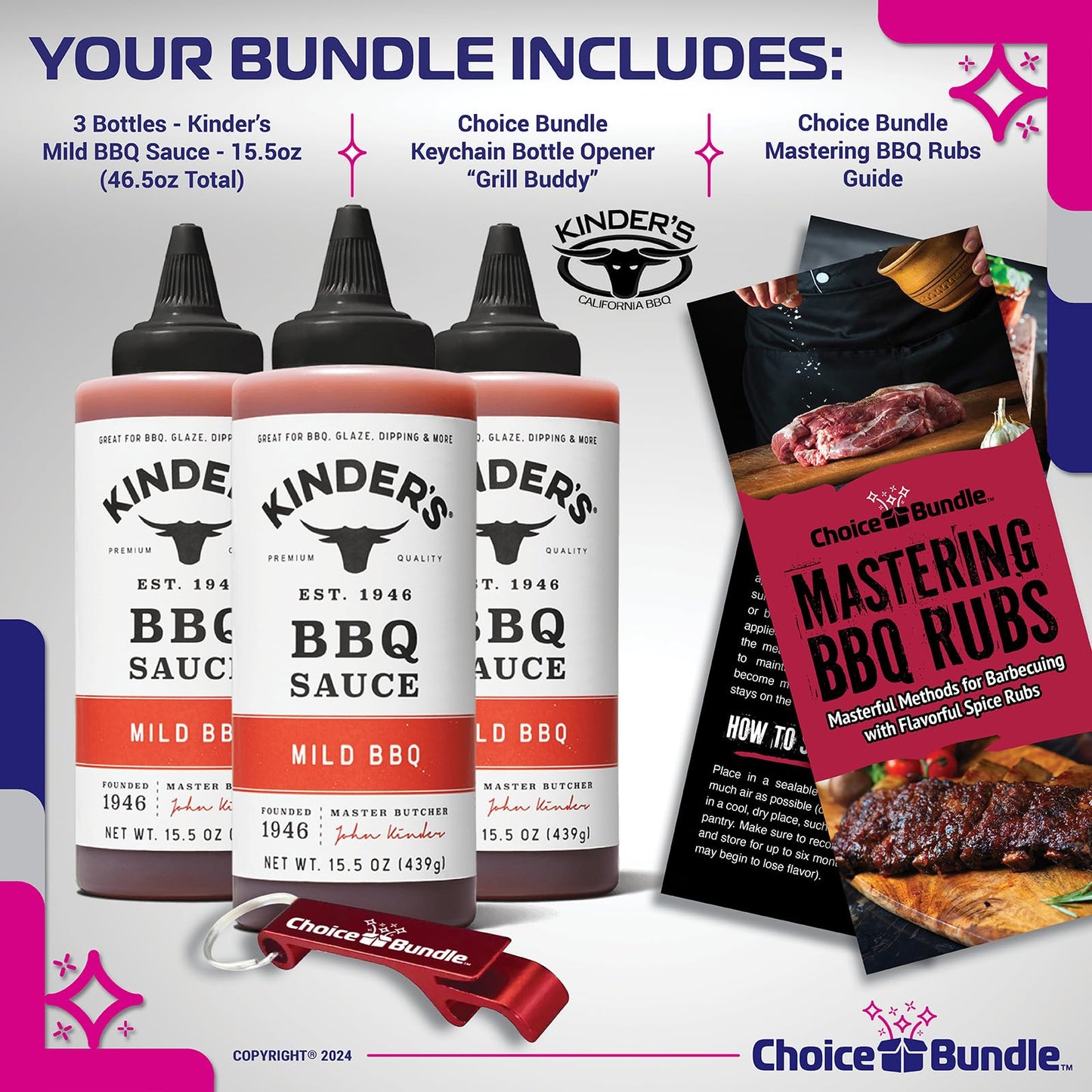 Kinders Mild Bbq Premium Barbecue Sauce 3 Pk (46.5 Oz) Great To Dip Toss Glaze & More + Barbecue Masters & Bottle Opener (5 Item