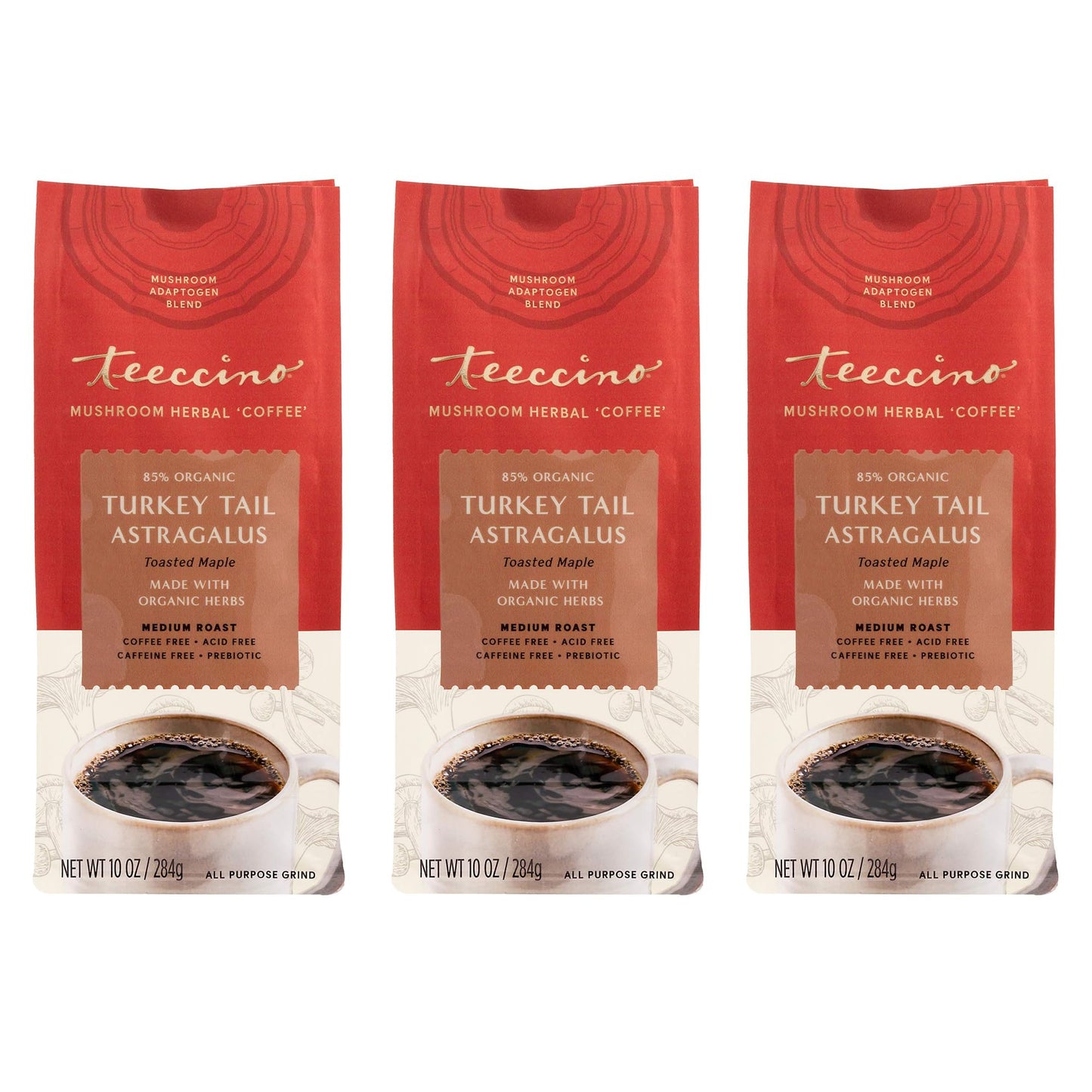 Teeccino Herbal Mushroom Coffee Alternative, Toasted Maple, Caffeine Free, 10 Oz, Pack of 3