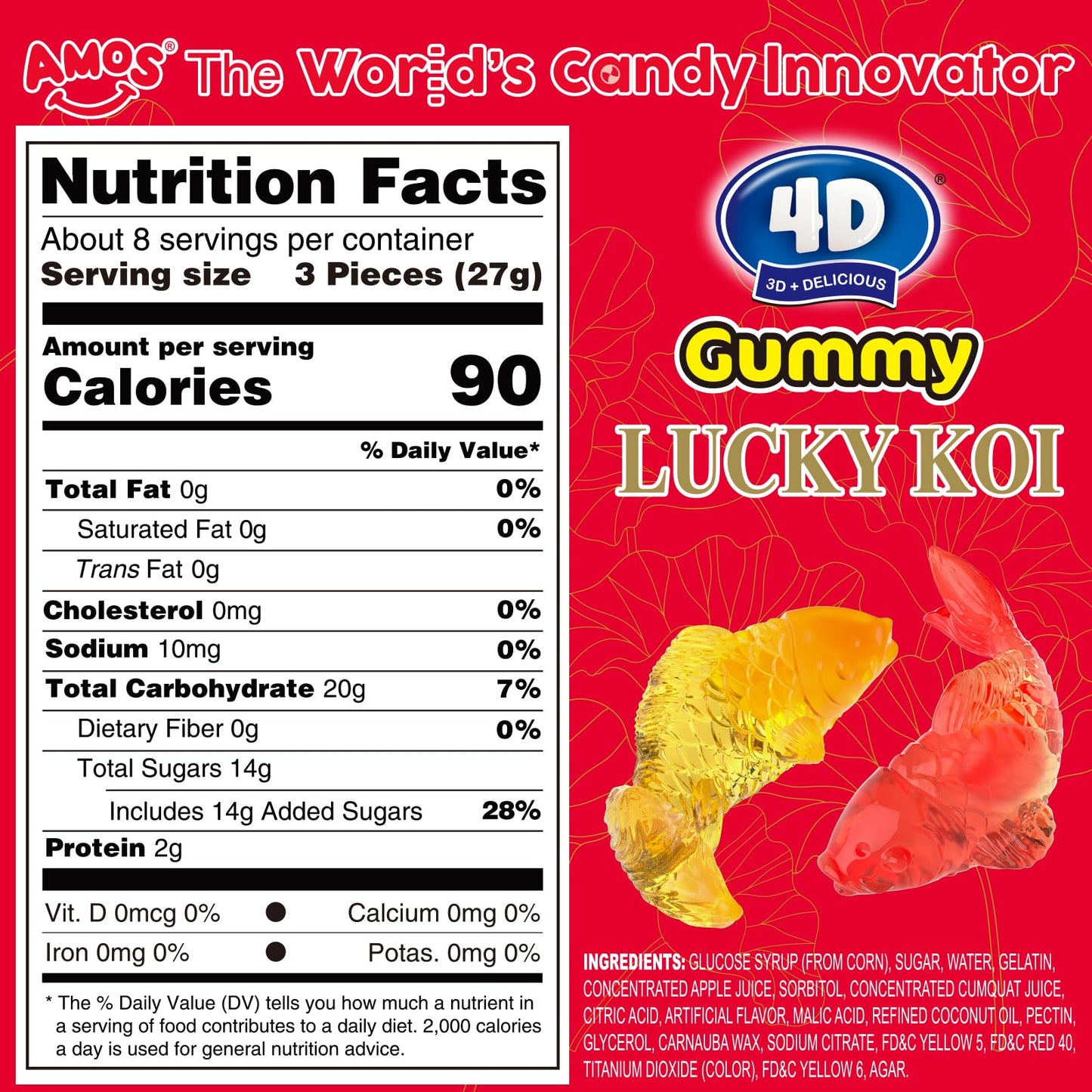 Amos 4D Gummy Lucky Koi Candy, 3D Koi-Shaped Gummies With Raspberry & Kumquat Juice, 208G Bag, Gluten-Free, Random Packaging
