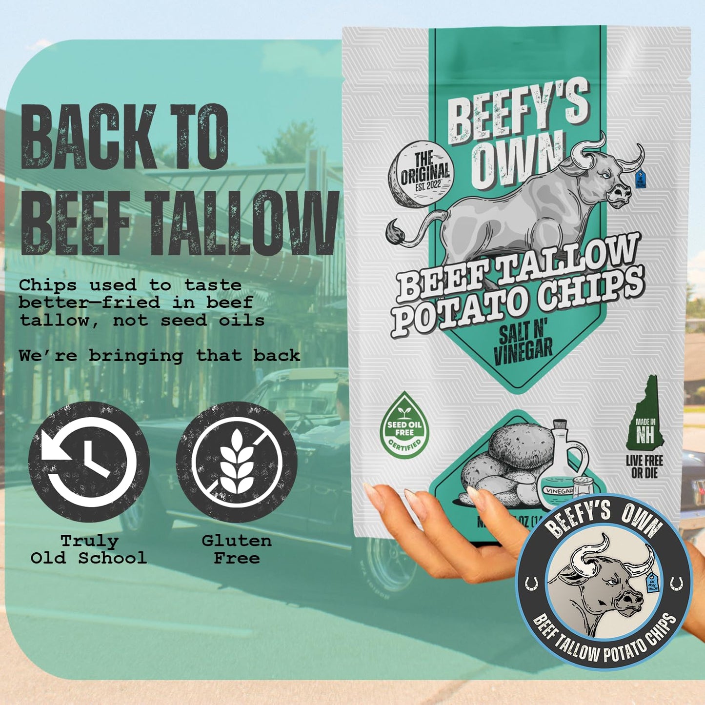 Beefys Own - Beef Tallow Chips | Gluten Free Potato Chips | Made with Non-GMO Potatoes & Beef Tallow | Seed Oil Free | Crispy &