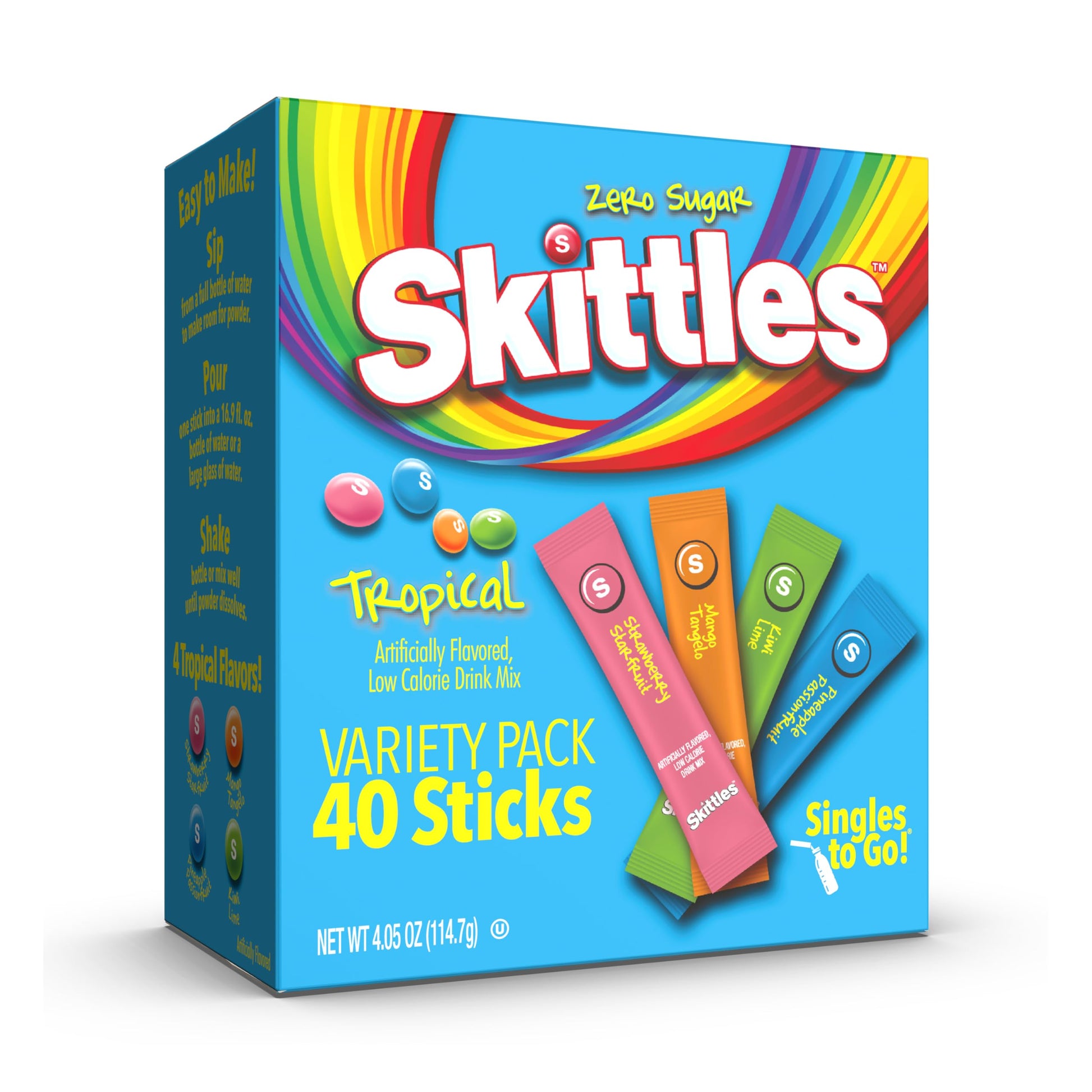 Skittles Singles To Go Tropical Variety Pack, Watertok Powdered Drink Mix, Zero Sugar, Low Calorie, Includes 4 Flavors: Strawber