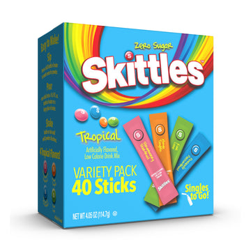 Skittles Singles To Go Tropical Variety Pack, Watertok Powdered Drink Mix, Zero Sugar, Low Calorie, Includes 4 Flavors: Strawber