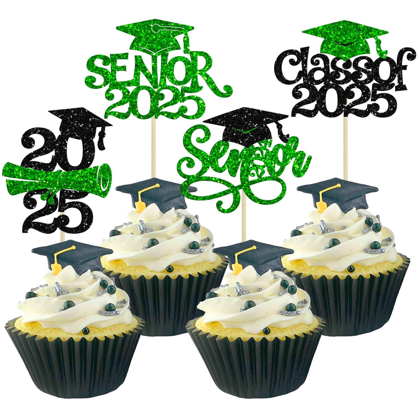 Gyufise Graduation Cupcake Toppers, 24 Pcs Green Glitter Picks for Class of 2025, Paper Decorations for Graduation Party Supplies