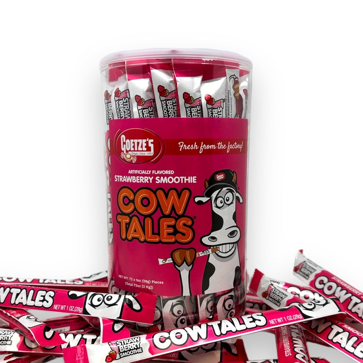Goetze s Candy Strawberry Smoothie Cow Tales - 2.25 Pound Canister (36 Ounces) - Fresh from the Factory