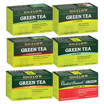Bigelow Tea Green Tea Variety Pack, Classic Green Tea, Lemon, Pomegranate, Mint, Peach And Constant Comment Flavors, 20 Count Box (Pack Of 6), 120 Total Tea Bags