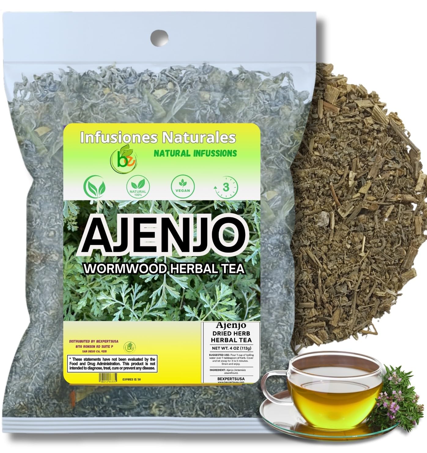 Ajenjo Herbal Tea - 4 Oz (113G) - 100% Natural Mexican Herb - Wildcrafted Wormwood - Vegan  Non-Gmo - Loose Leaf Herbal Infusion - Te By Bexpertsusa