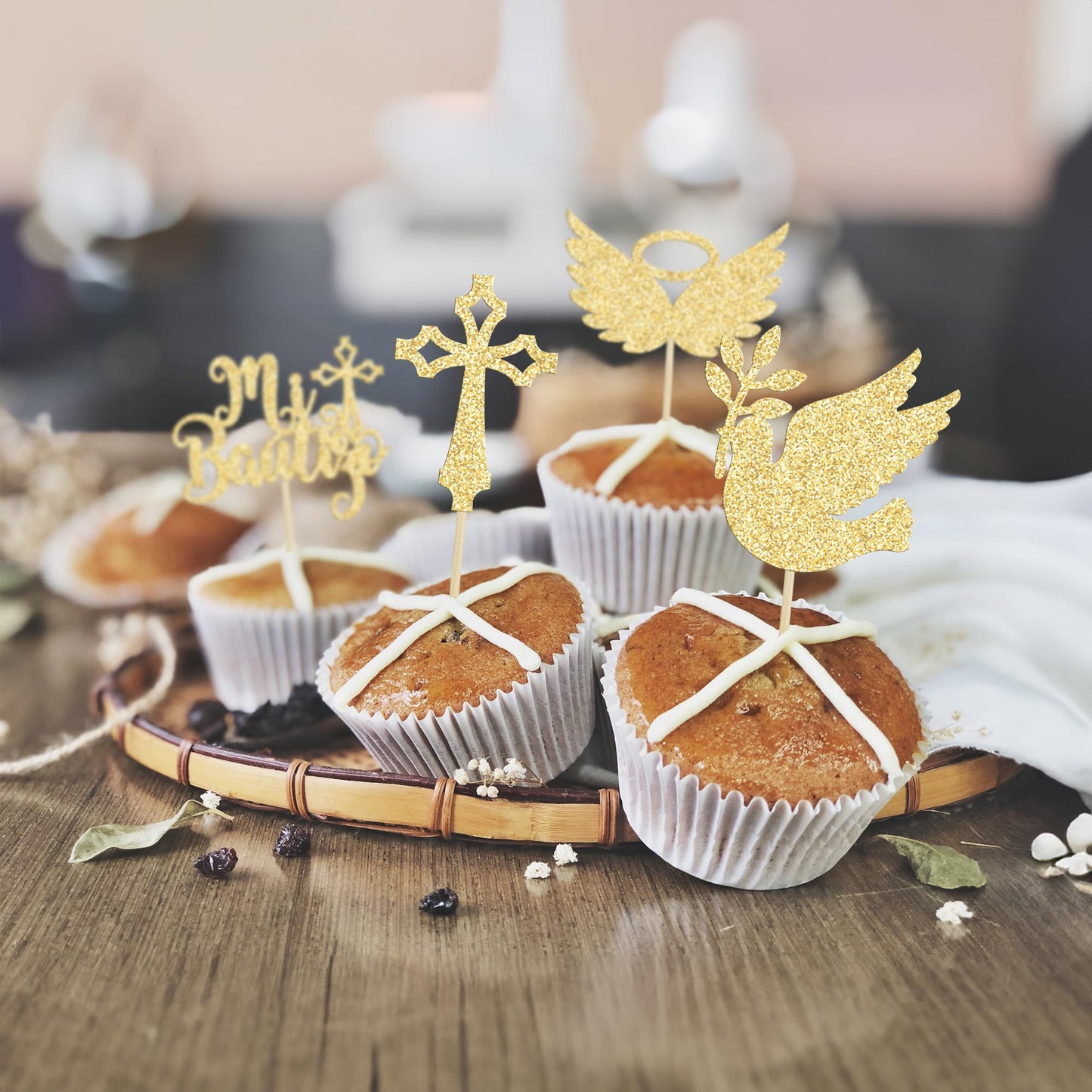 Gyufise Cupcake Toppers - 24Pcs Dove Cross Decorations for Baptism & Baby Shower - Gold Paper