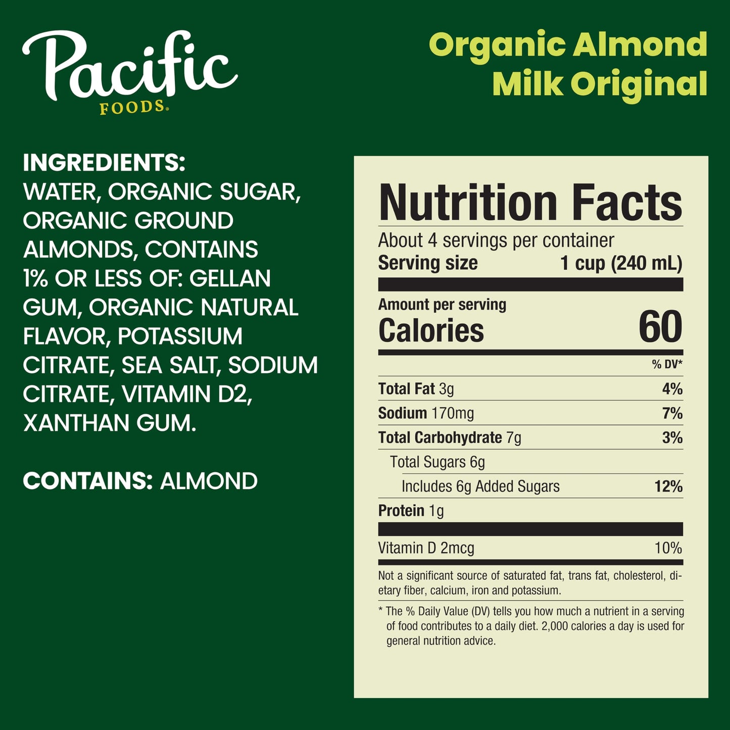 Pacific Foods Original Organic Almond Milk, Plant Based Milk, 32 oz Carton (12 Pack)
